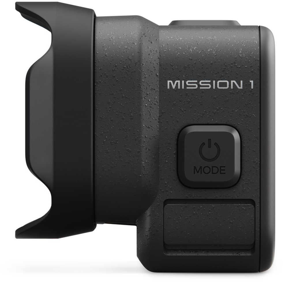 Fekete akciókamera "Mission 1" felirattal és "Mode" gombbal.