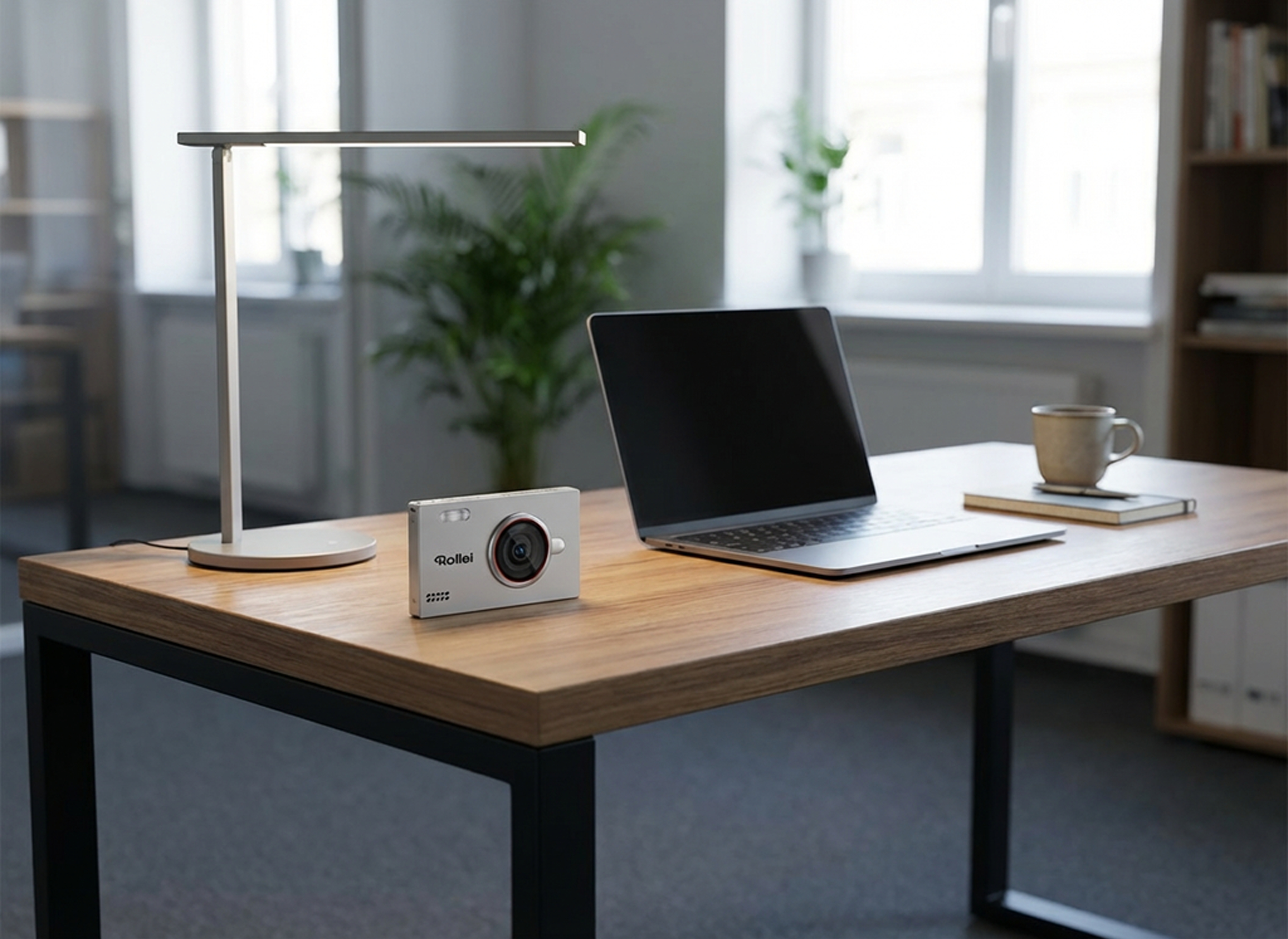 Ein moderner Schreibtisch mit silberner Lampe, Rollei-Kamera, Laptop und Kaffeetasse.