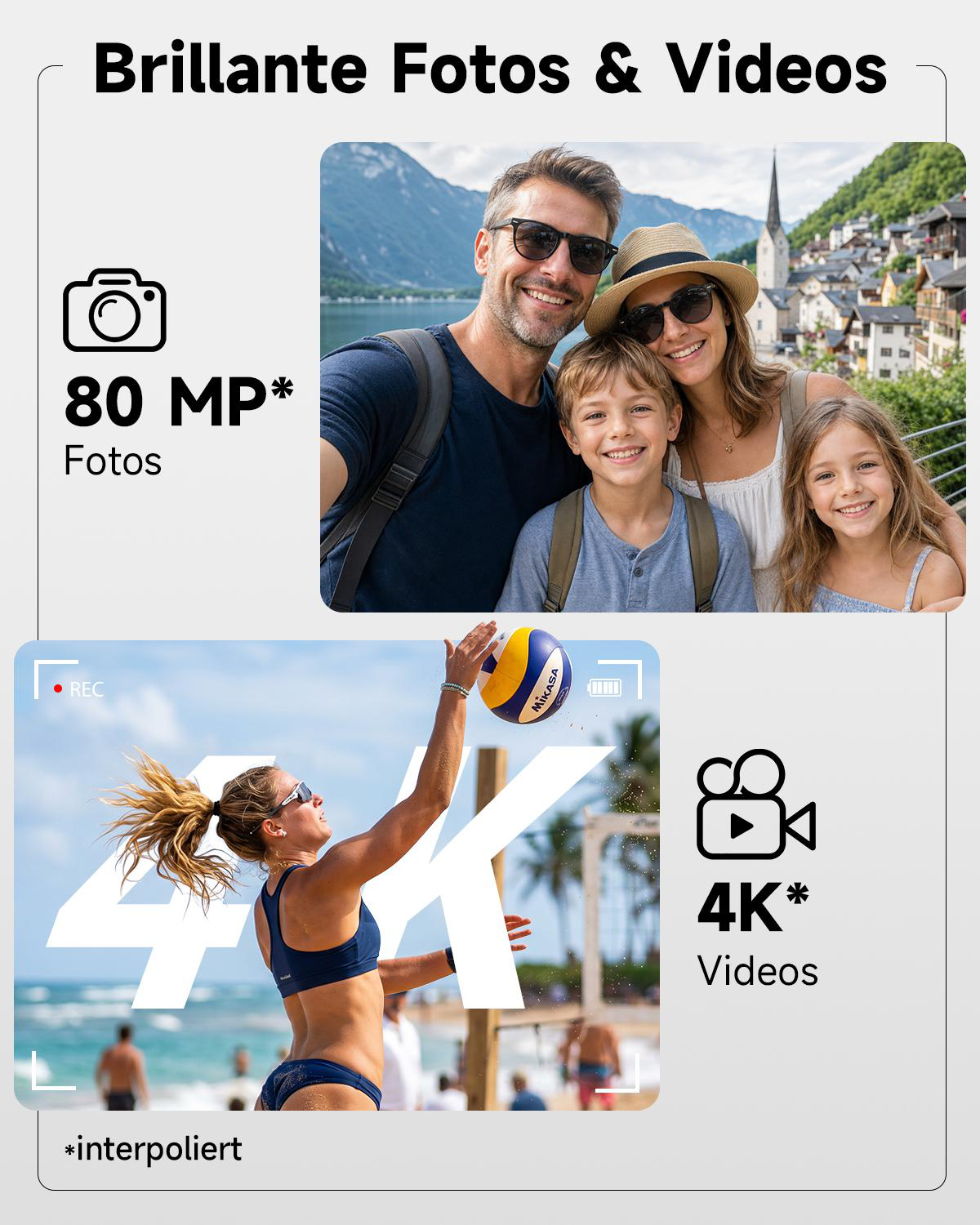 Familie vor Bergkulisse und Frau beim Volleyball am Strand