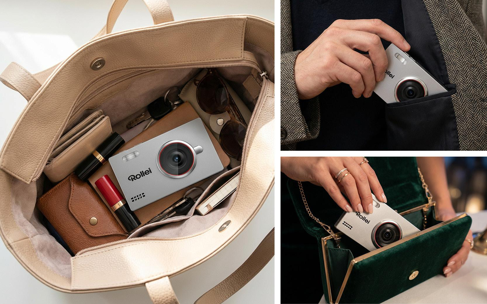 Eine Rollei-Kamera wird in eine Tasche, eine Jackentasche und eine Handtasche gesteckt.