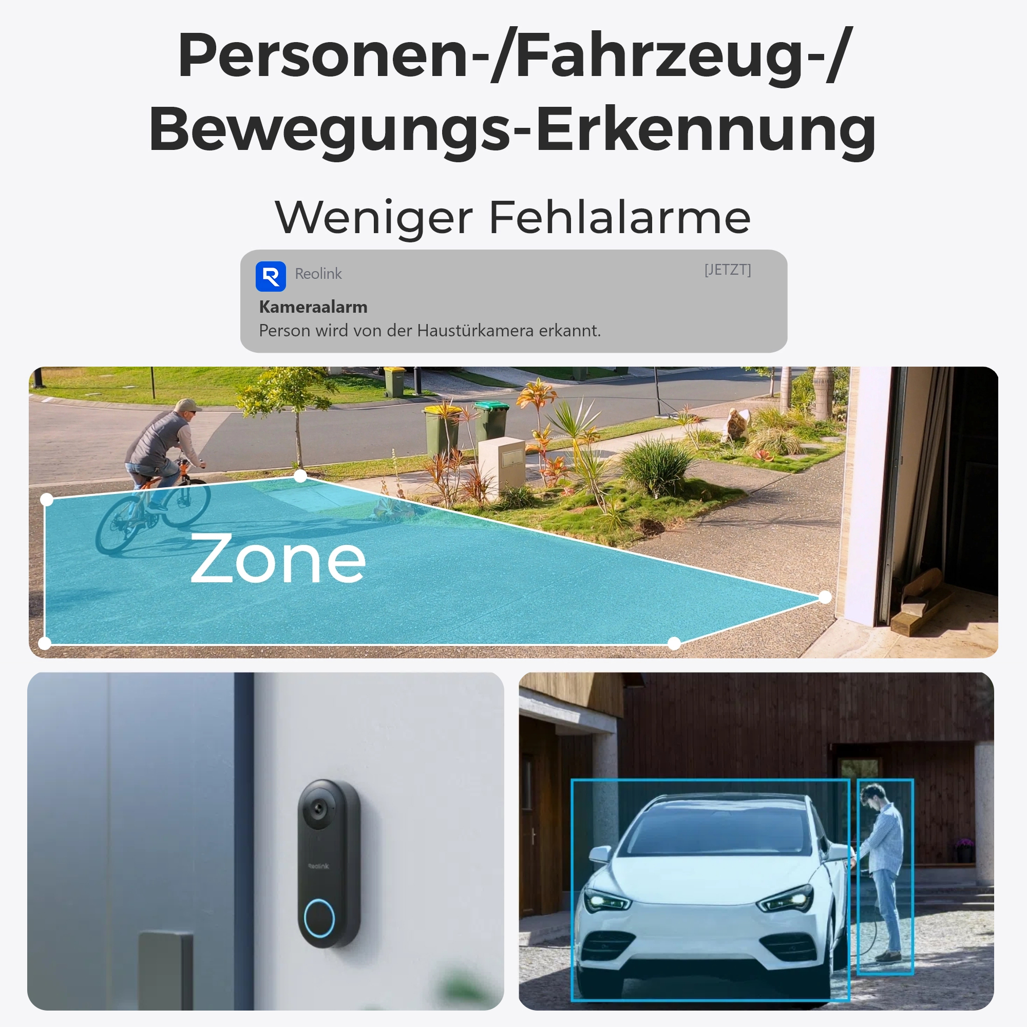 Überwachungsbilder: Radfahrer, Türklingel, Auto wird geladen, Warnzone.