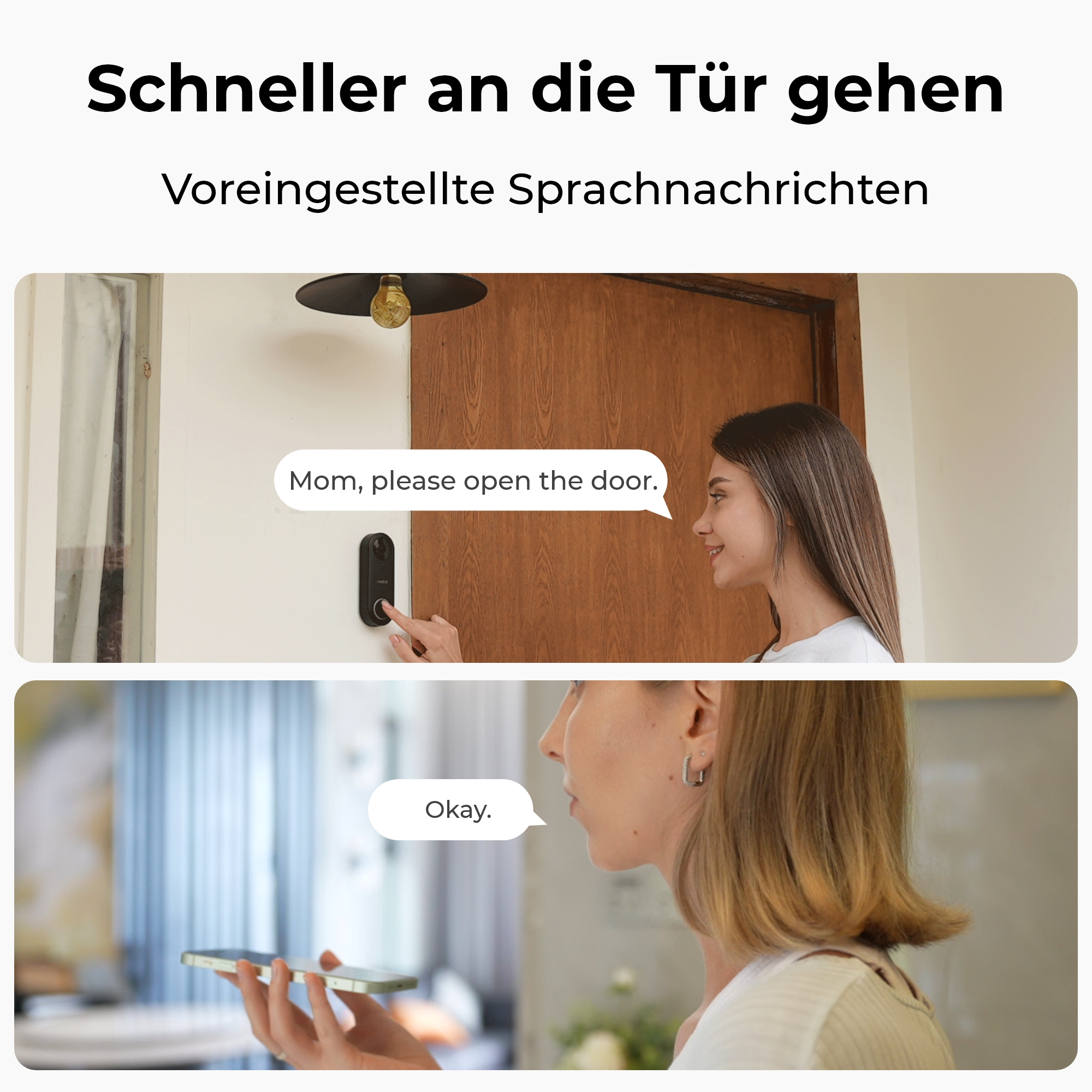 Frau drückt Türklingel, sagt: Bitte Mama öffne die Tür.