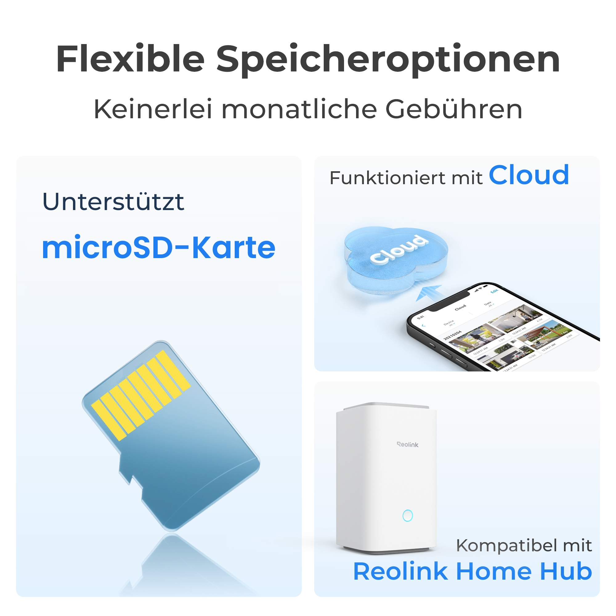 Flexibel speichern: microSD-Karte, Cloud, Reolink Home Hub. Keine Gebühren.