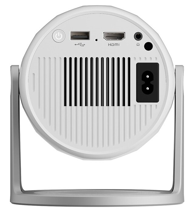 Tył białego projektora z portami: zasilanie, USB, HDMI, słuchawki, kabel zasilający.