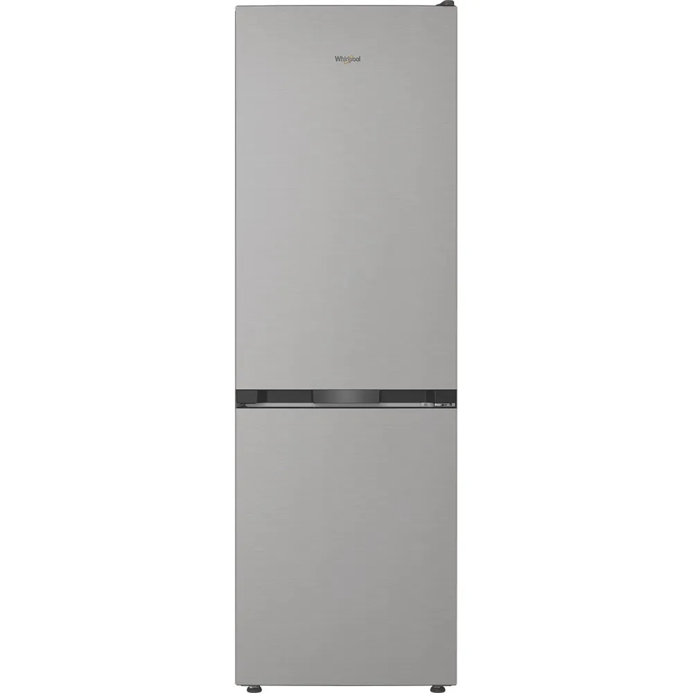 Ezüst hűtőszekrény két ajtóval és felül Whirlpool logóval.