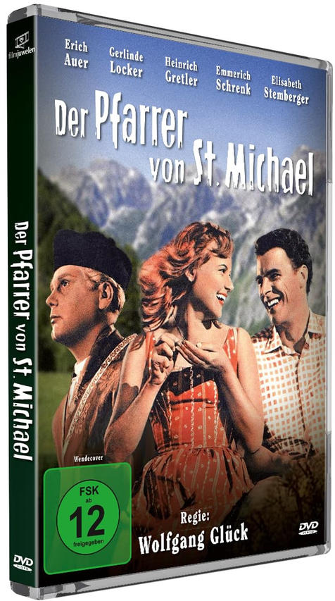 DVD-Cover: Drei Personen vor Bergkulisse, Titel "Der Pfarrer von St. Michael".