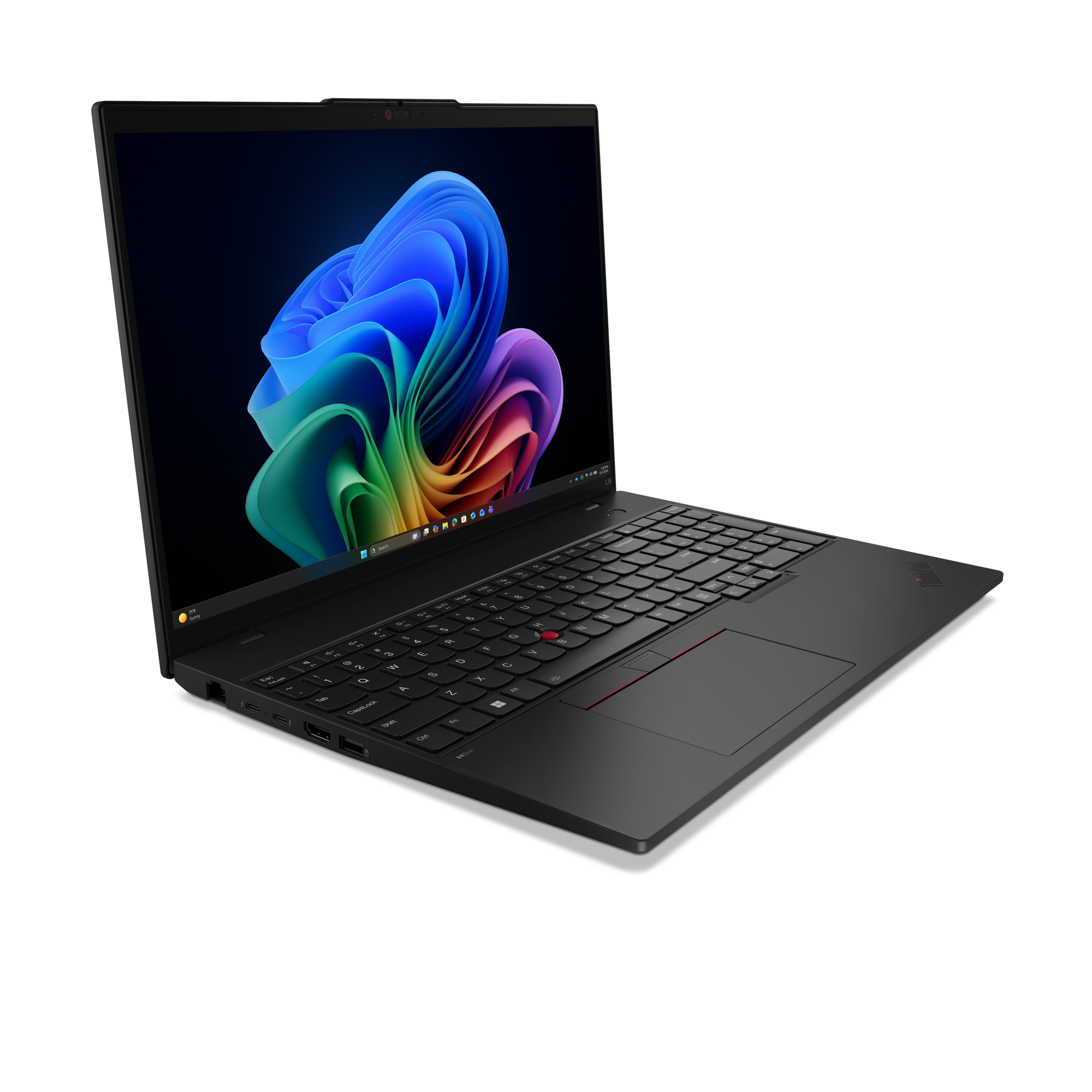 Schwarzer Laptop mit buntem Hintergrundbild und Tastaturansicht.