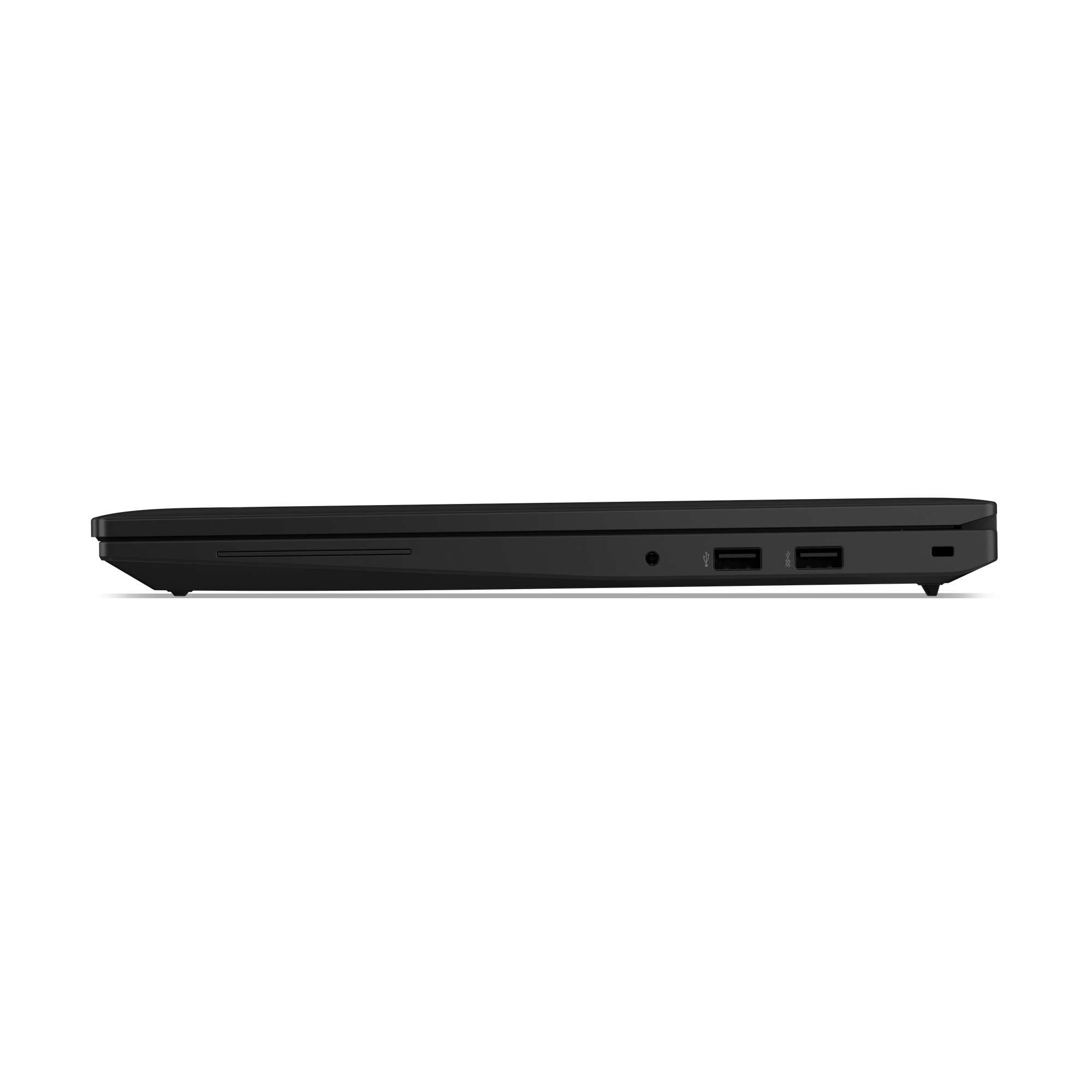Schwarzer Laptop von der Seite, mit Anschlüssen wie USB und Kopfhörerbuchse.