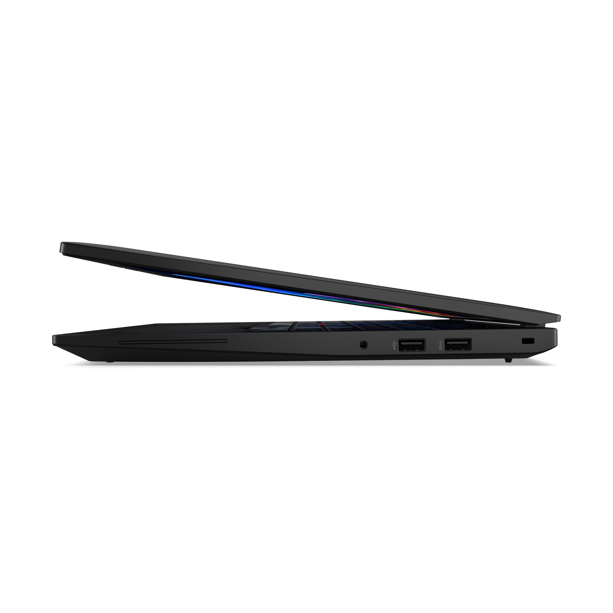 Schwarzer Laptop im Seitenprofil, Bildschirm leicht geöffnet, blaue Lichter sichtbar.