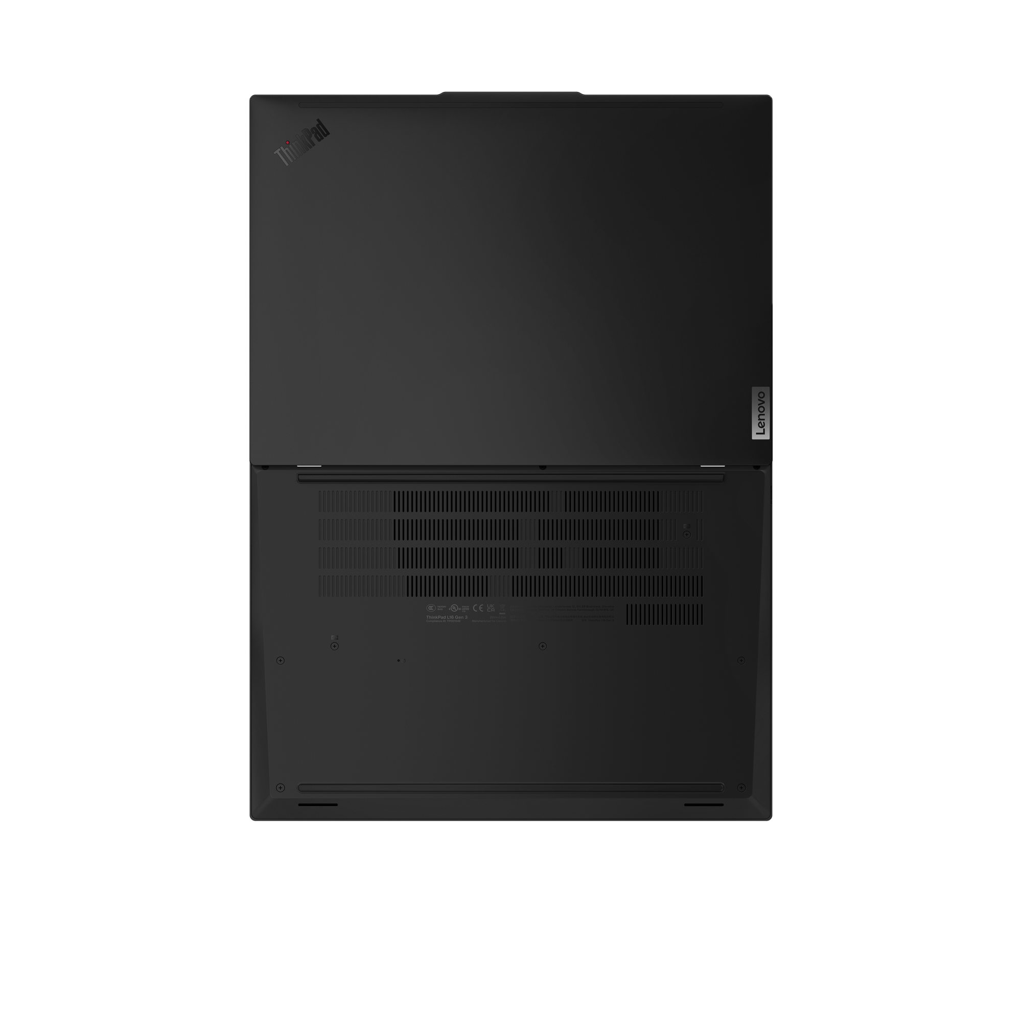 Schwarzer Lenovo ThinkPad Laptop mit geöffnetem Gehäuse, Lüftungsschlitzen und Logo.