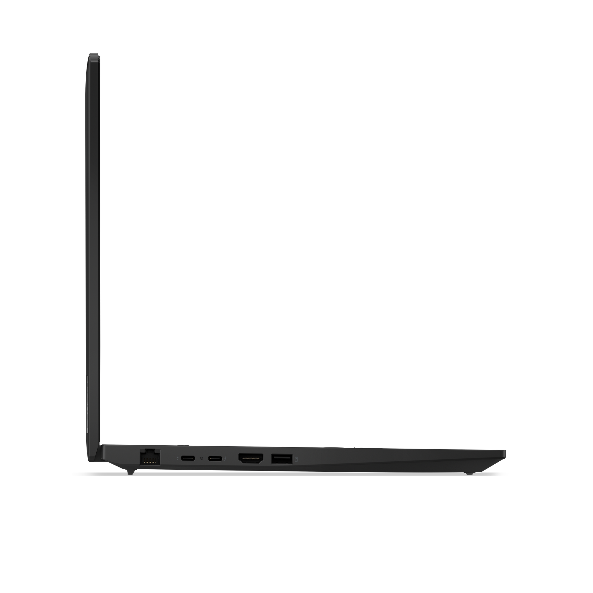 Schwarzer Laptop von der Seite mit sichtbaren Anschlüssen wie USB-C und HDMI.