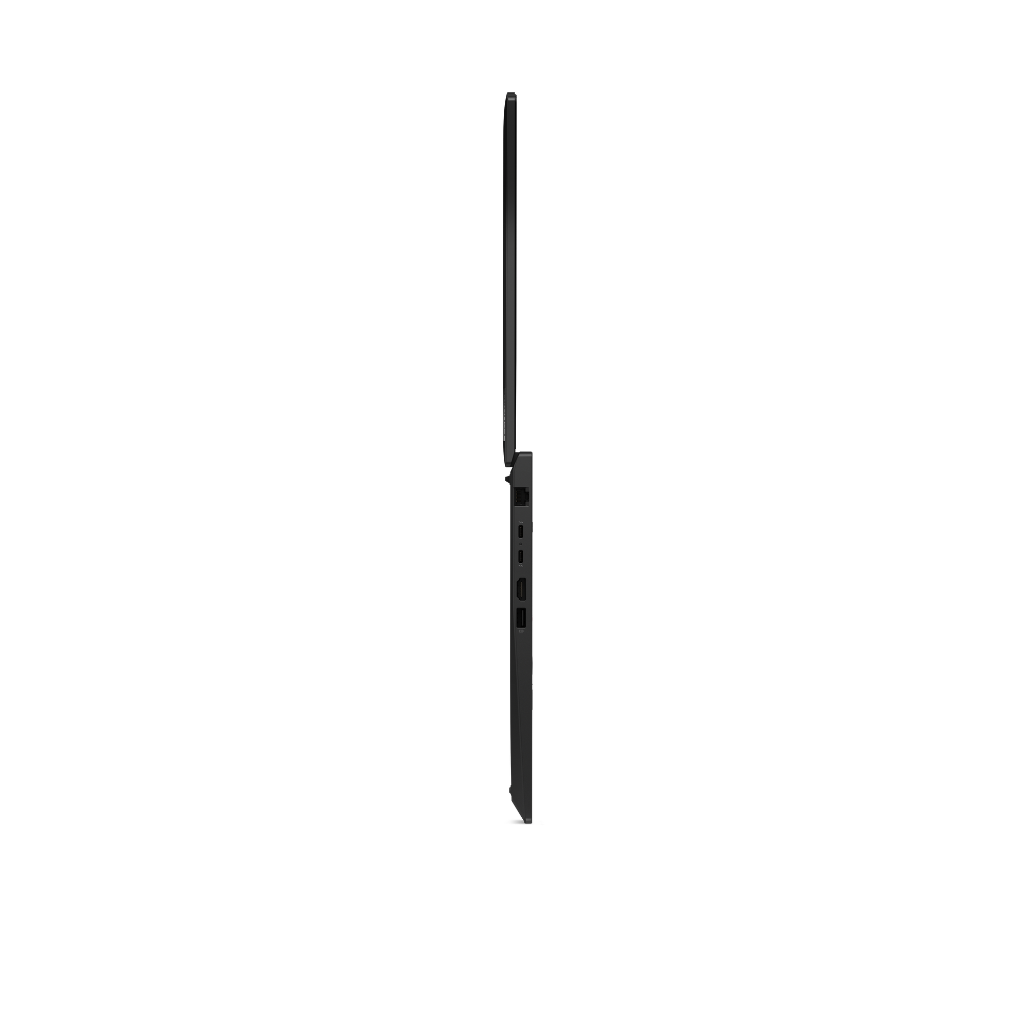 Seitenansicht eines schwarzen Laptops mit Anschlüssen an der Seite.