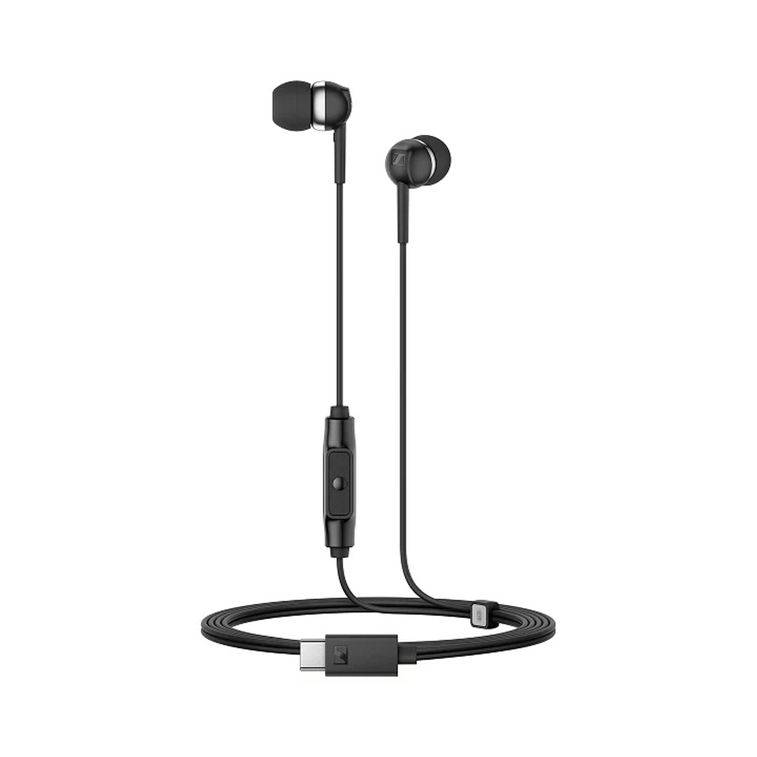 Auricolari in-ear neri con connettore USB-C e telecomando in linea.