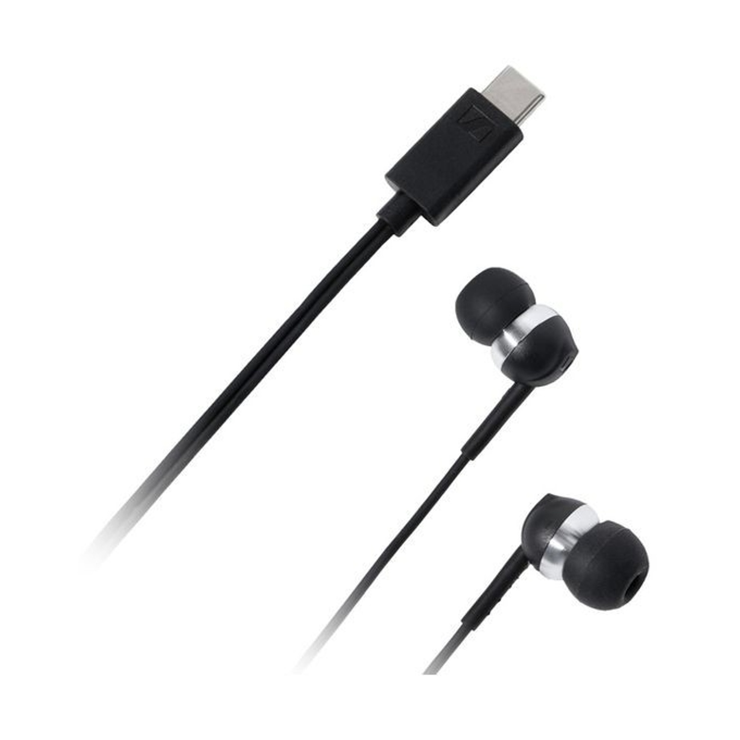Cavo USB-C nero con auricolari e accenti argentati.
