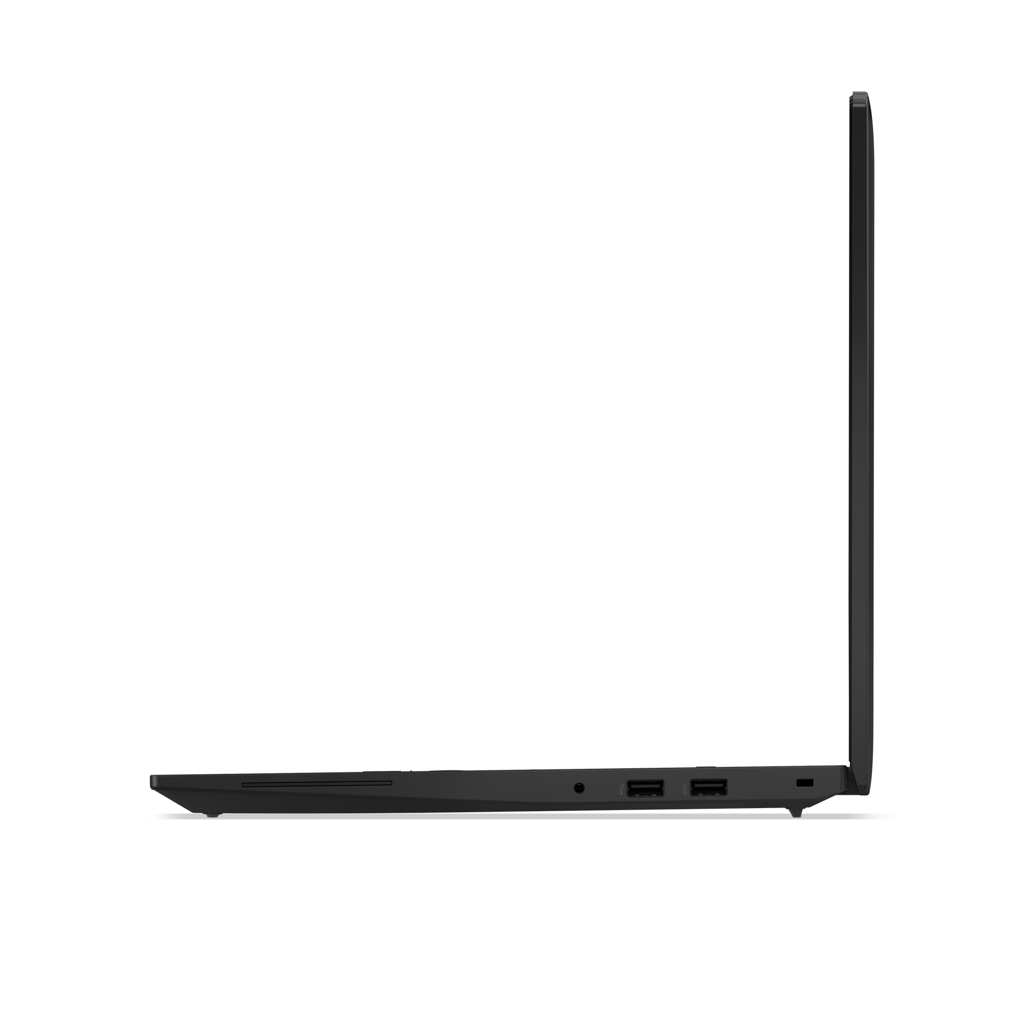 Schwarzer Laptop im Seitenprofil, offen, mit sichtbaren Anschlüssen.