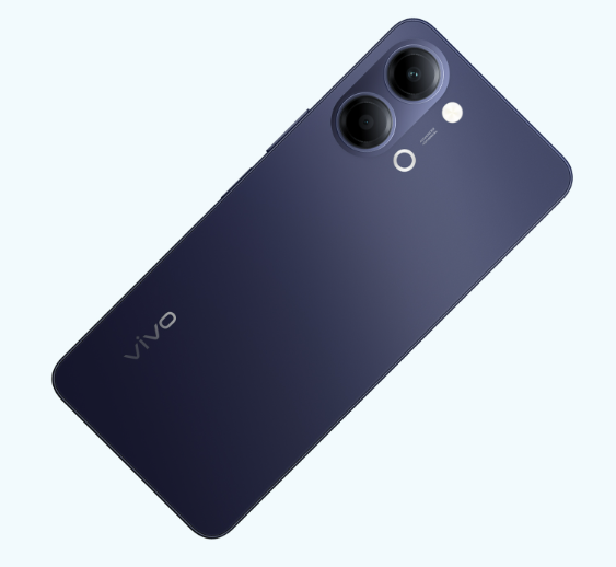 Dunkelblaues Smartphone mit zwei Kameras und Vivo-Logo auf hellem Hintergrund.