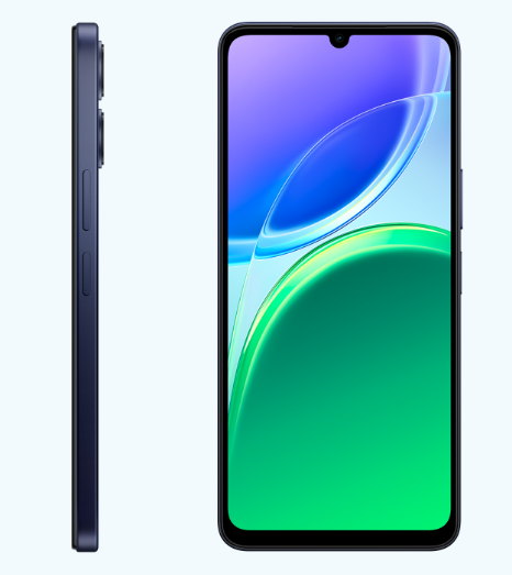 Dunkelblaues Smartphone von links und von vorne mit digitalem Hintergrund.