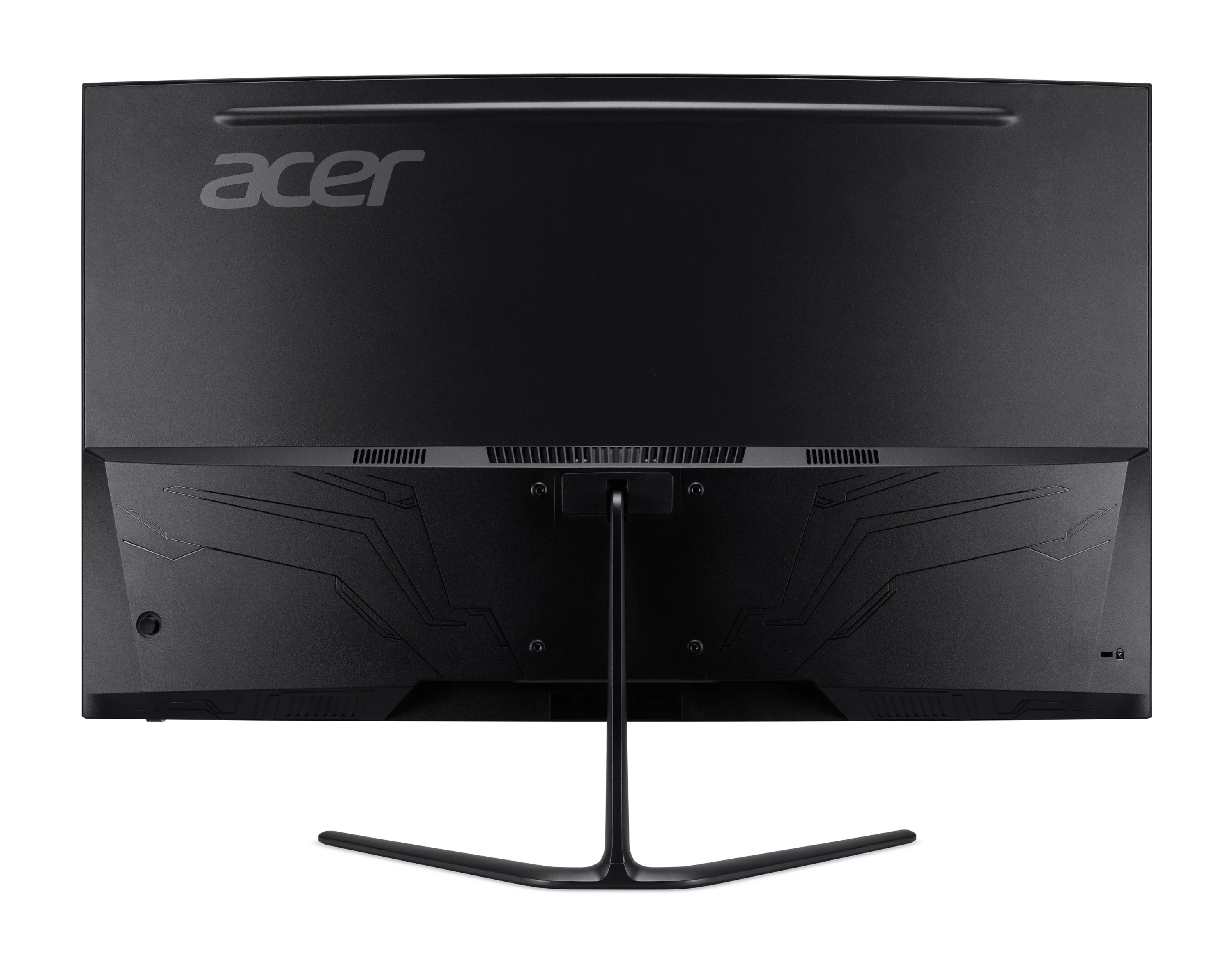 Rückseite eines schwarzen Acer Monitors mit silbernem Logo und einem dreibeinigen Ständer.