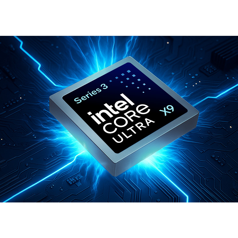Procesor Intel Core Ultra X9 na świecącej niebieskiej płytce drukowanej.