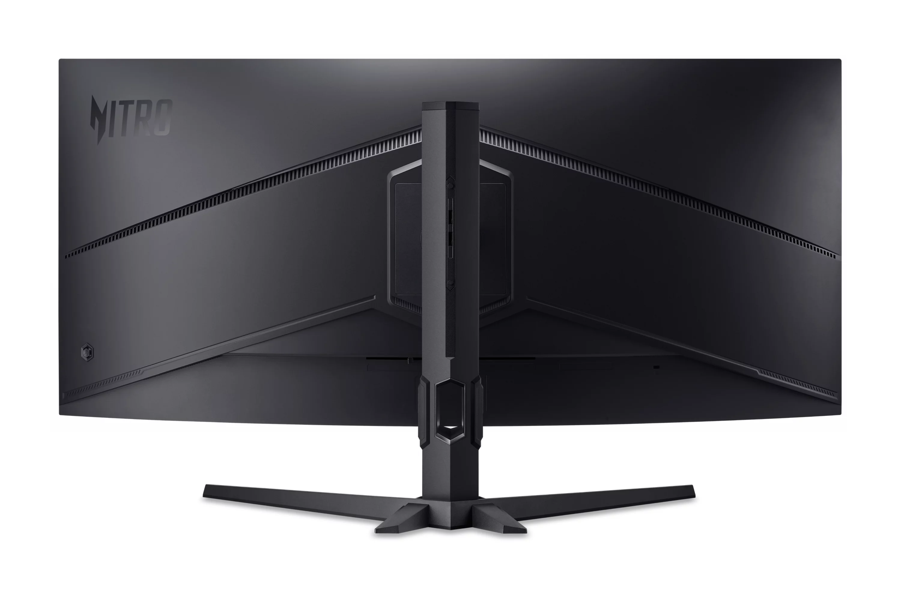 Rückseite eines schwarzen Monitors mit integriertem Ständer und Lüftungsschlitzen.