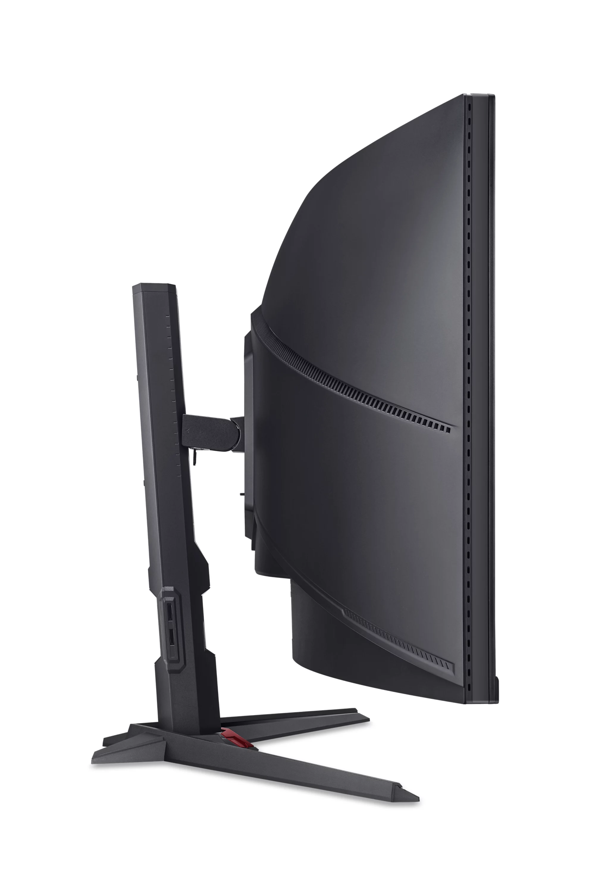 Schwarzer, gekrümmter Monitor auf einem schwarzen Ständer mit roten Akzenten.