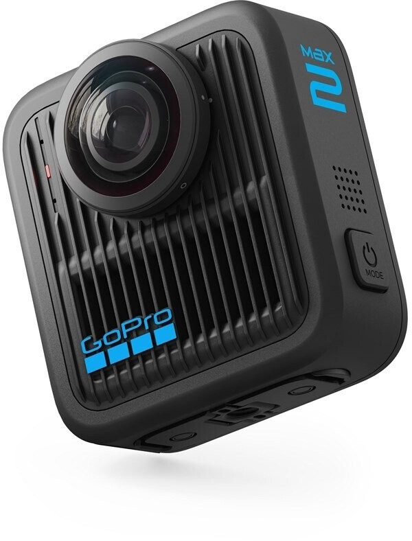 Fekete GoPro Max 2 360 kamera kék logóval és lencsével.