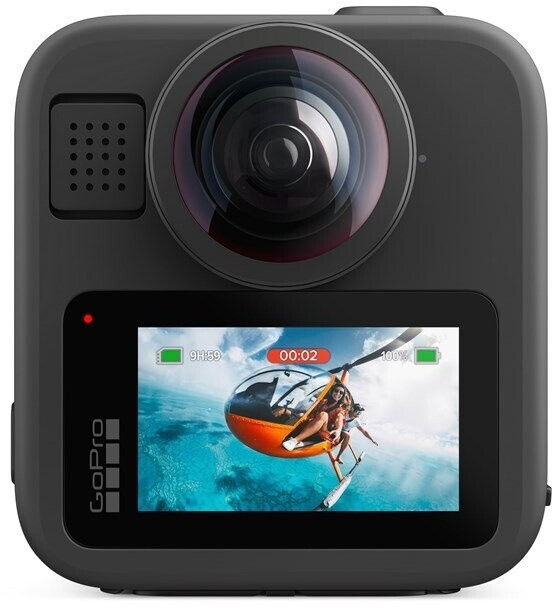 Fekete 360 kamera dupla lencsével és képernyővel, amely vízi helikopterutat mutat.