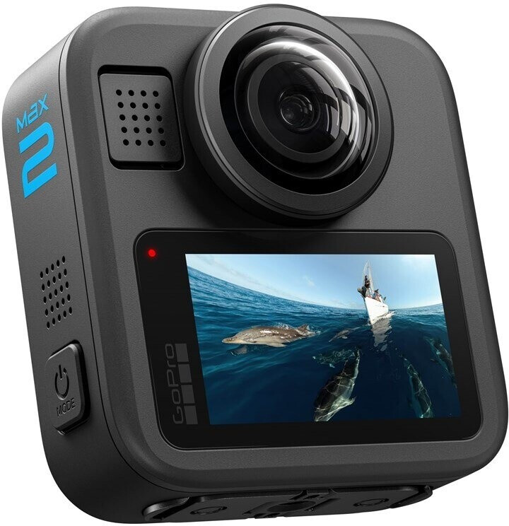 Fekete GoPro Max 2 akciókamera két lencsével, melynek képernyőjén delfinek láthatók.
