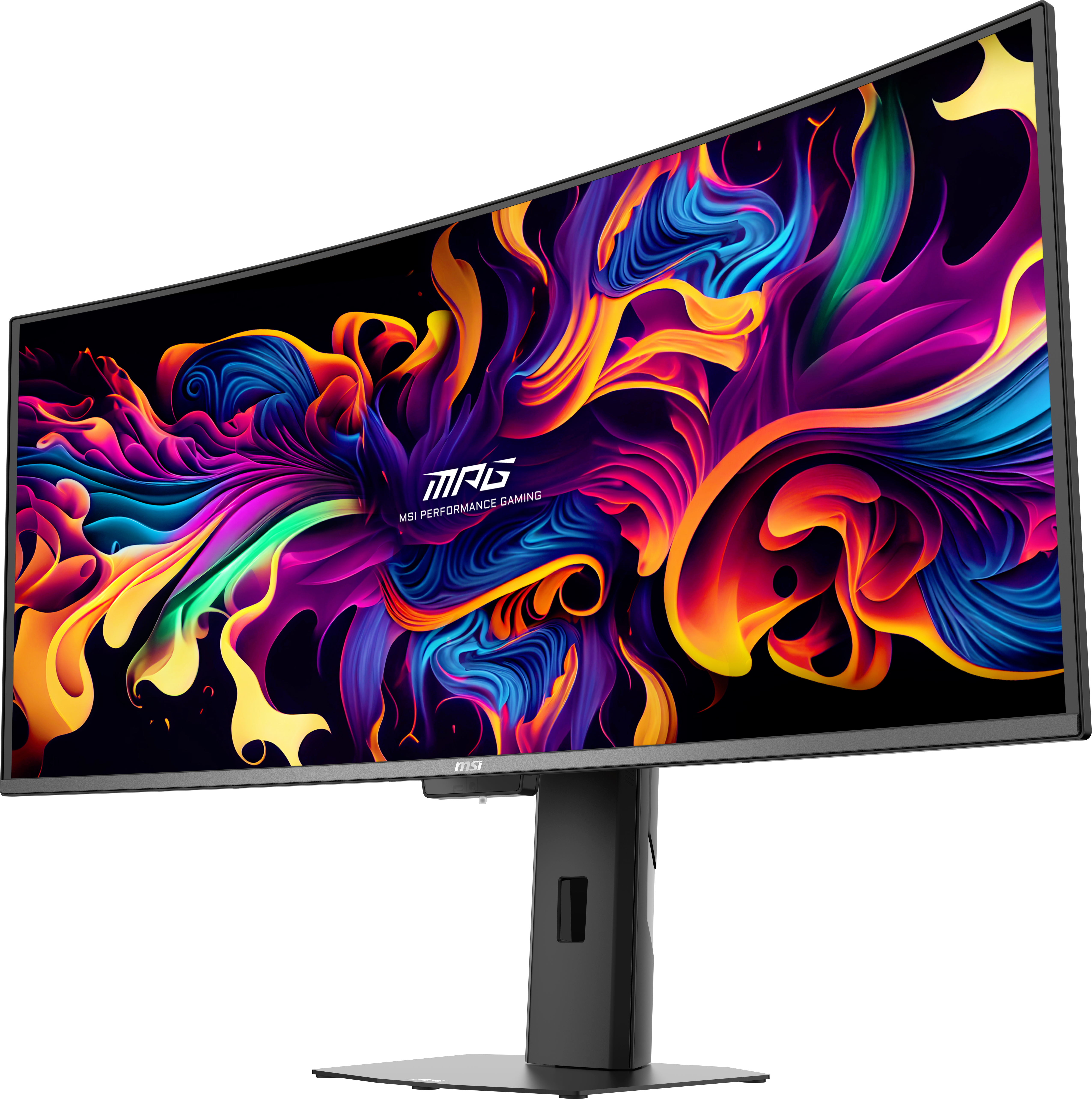 Ein gebogener MSI Gaming-Monitor mit einem bunten, abstrakten Hintergrund.