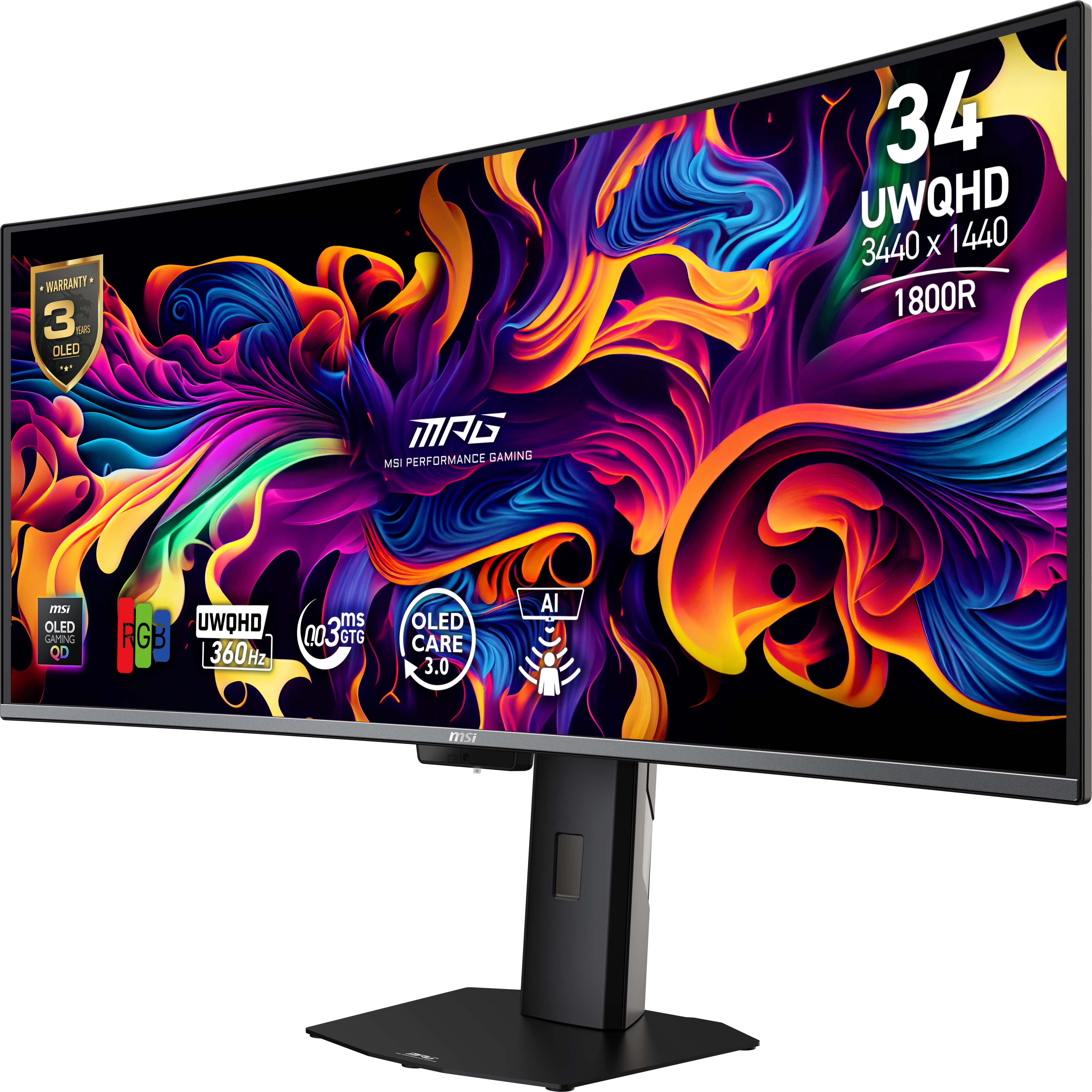 Ein gebogener MSI-Monitor zeigt lebendige abstrakte Kunst mit Text-Overlays für Spezifikationen.