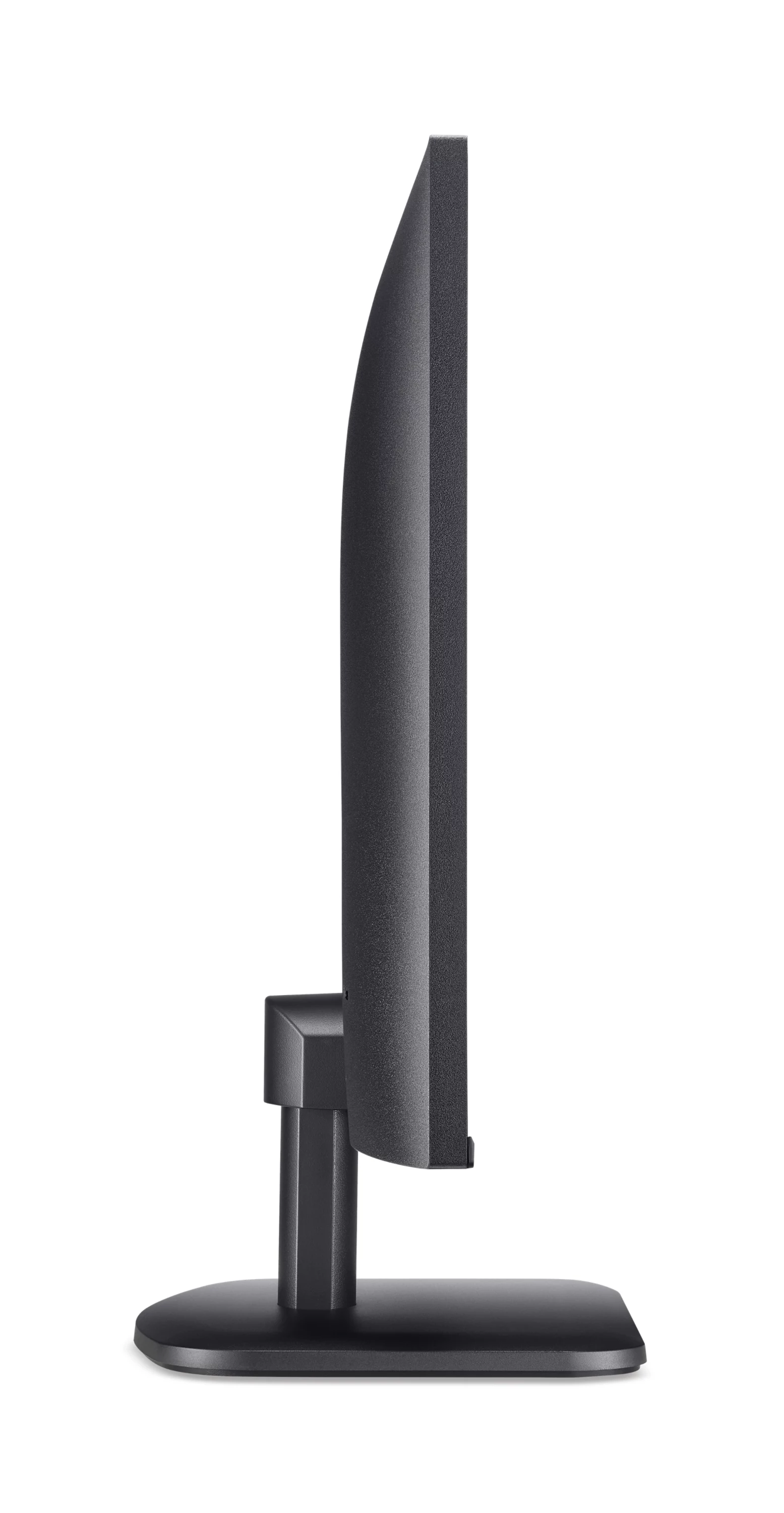 Schwarzer Computermonitor von der Seite auf weißem Hintergrund.