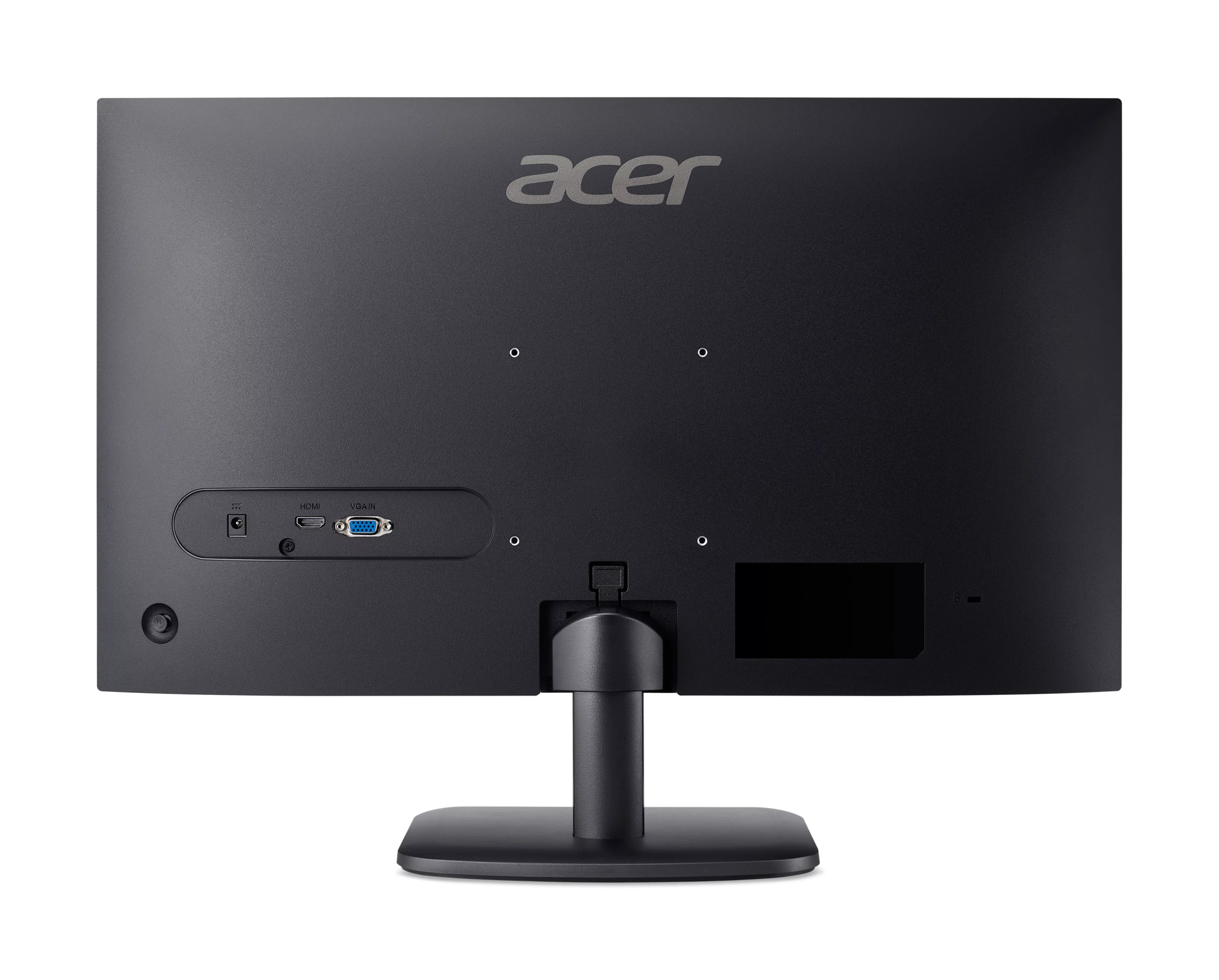 Rückseite eines schwarzen Acer Monitors mit Anschlüssen und Standfuß.