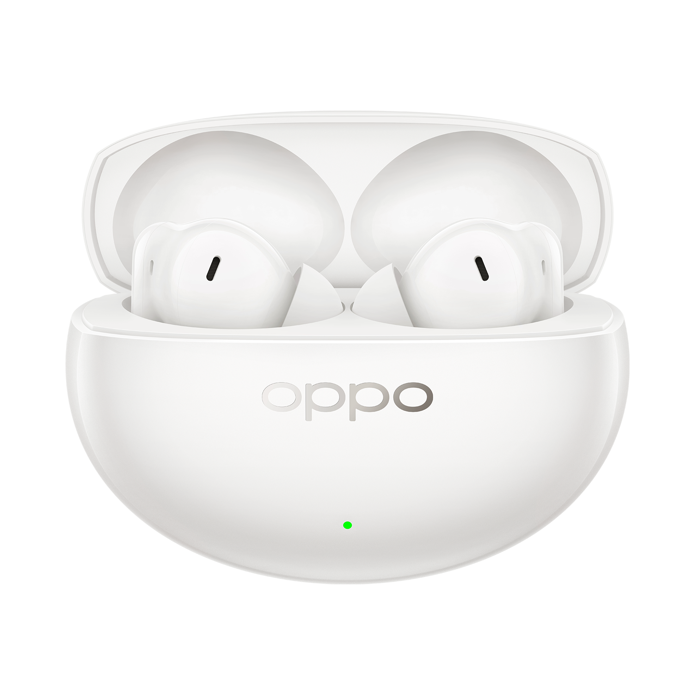 Białe słuchawki OPPO w otwartym etui ładującym z zielonym światłem.