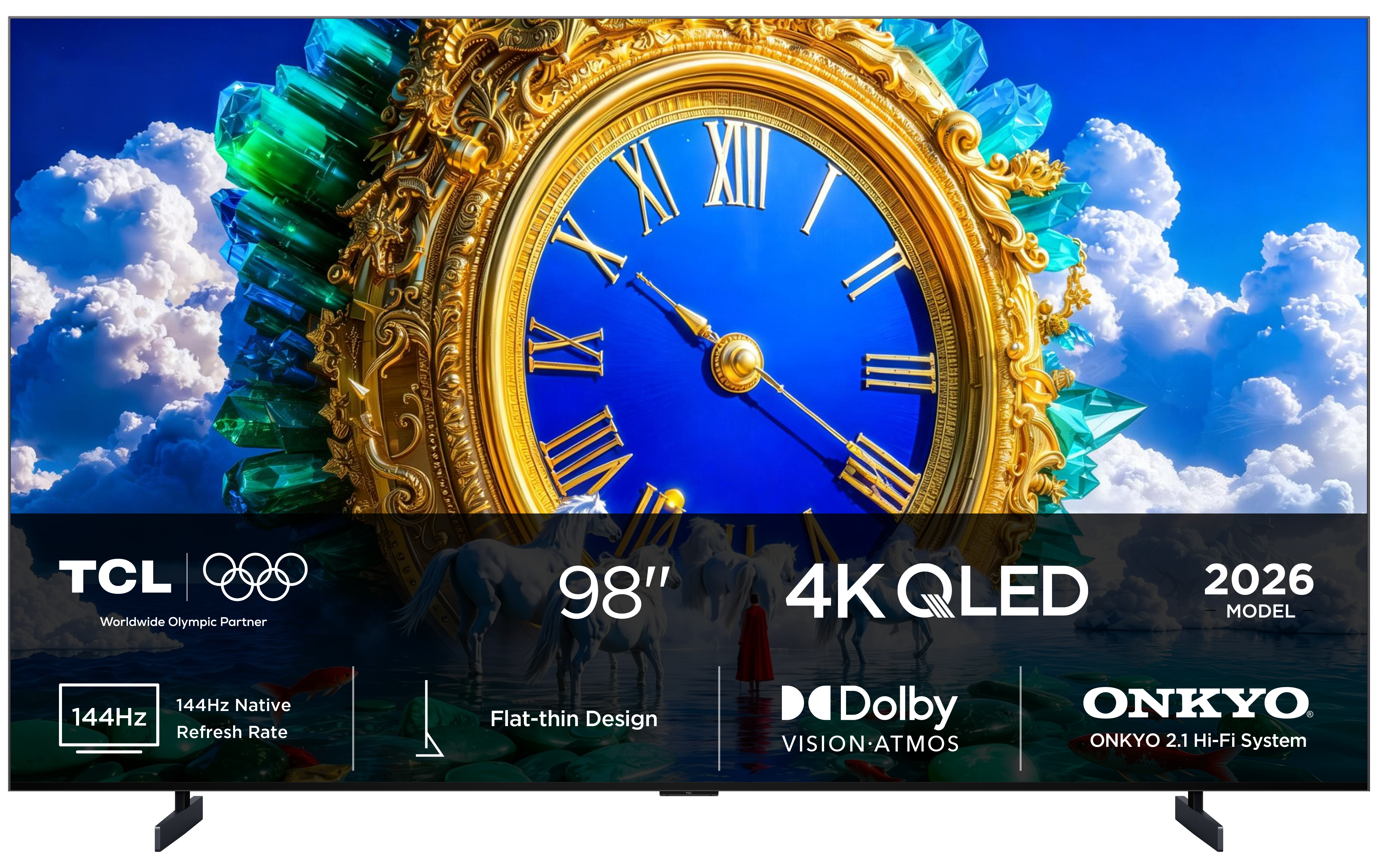 Telewizor TCL 98" 4K QLED ze złotym zegarem, końmi i kółkami olimpijskimi.