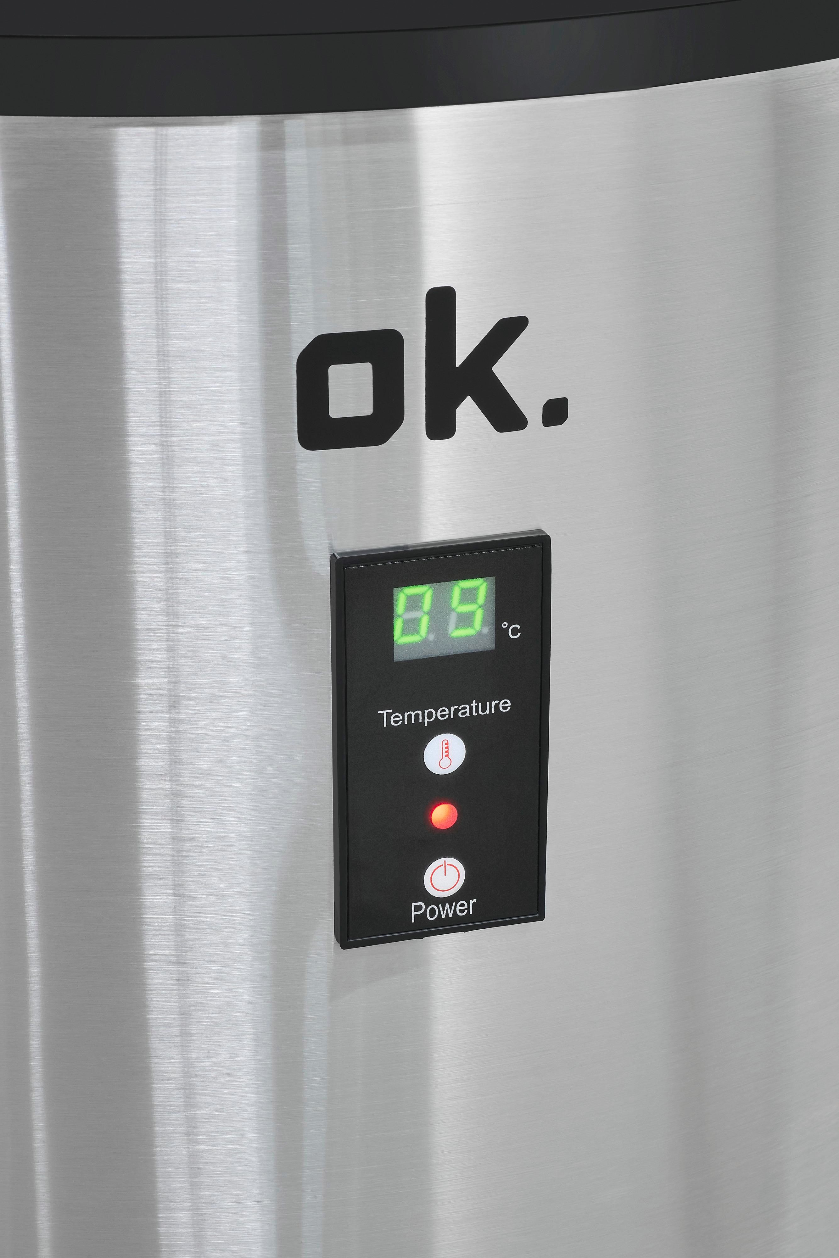 Edelstahloberfläche mit schwarzem "ok."-Logo und digitaler Temperaturanzeige.