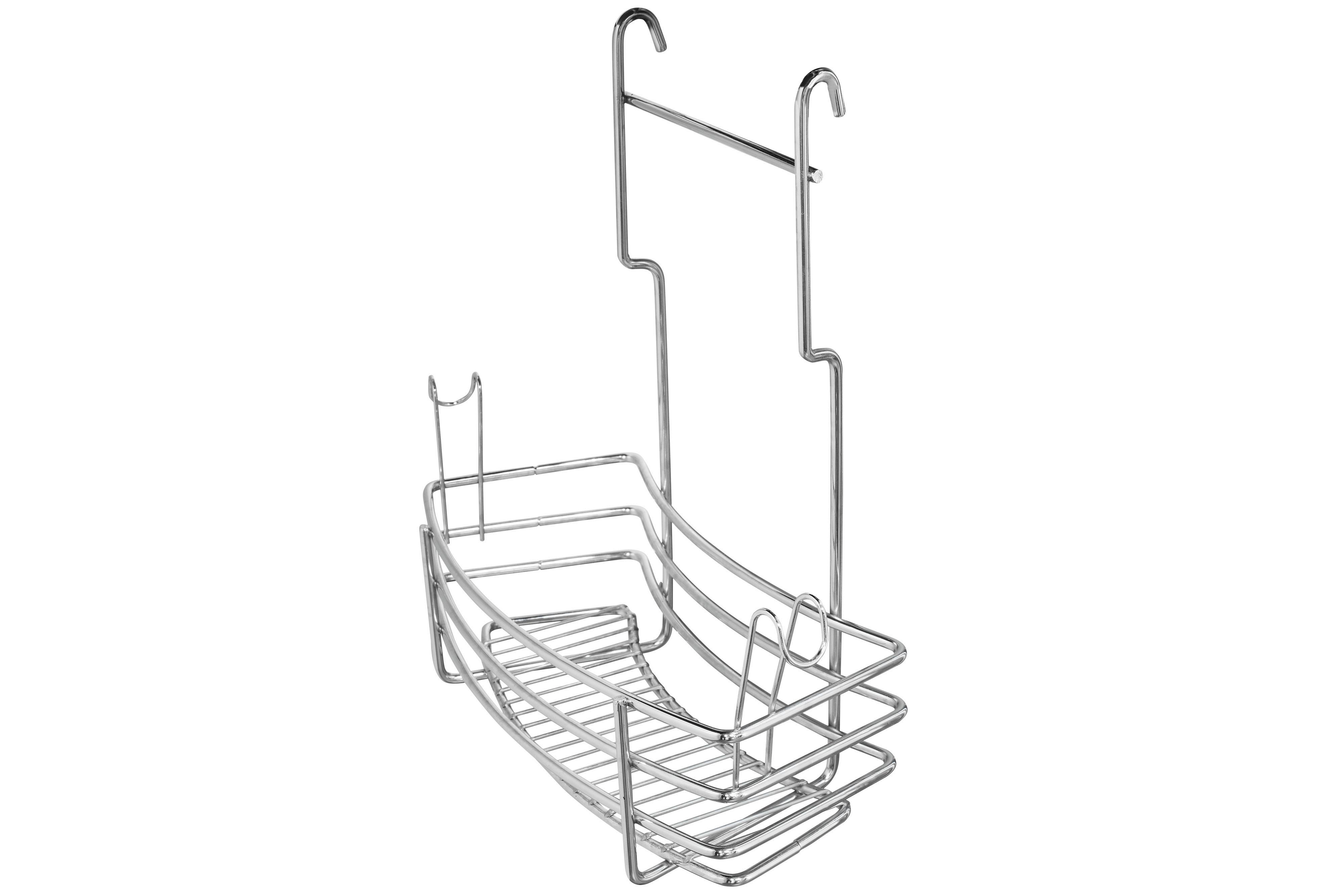 Ein glänzender Metallkorb mit zwei Haken zum Aufhängen.
