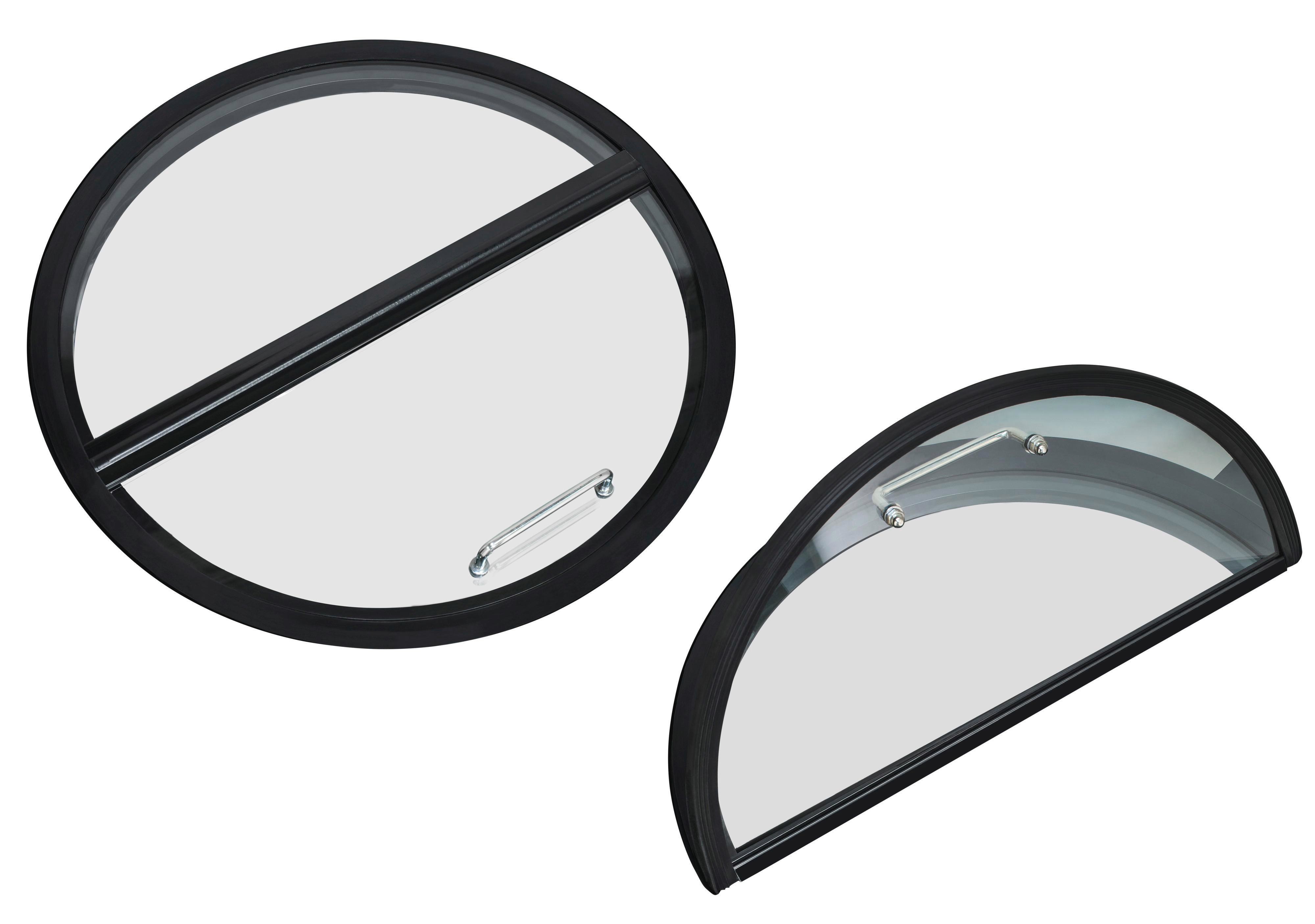 Zwei schwarze Fensterrahmen mit Glas, ein runder, ein halbkreisförmiger.
