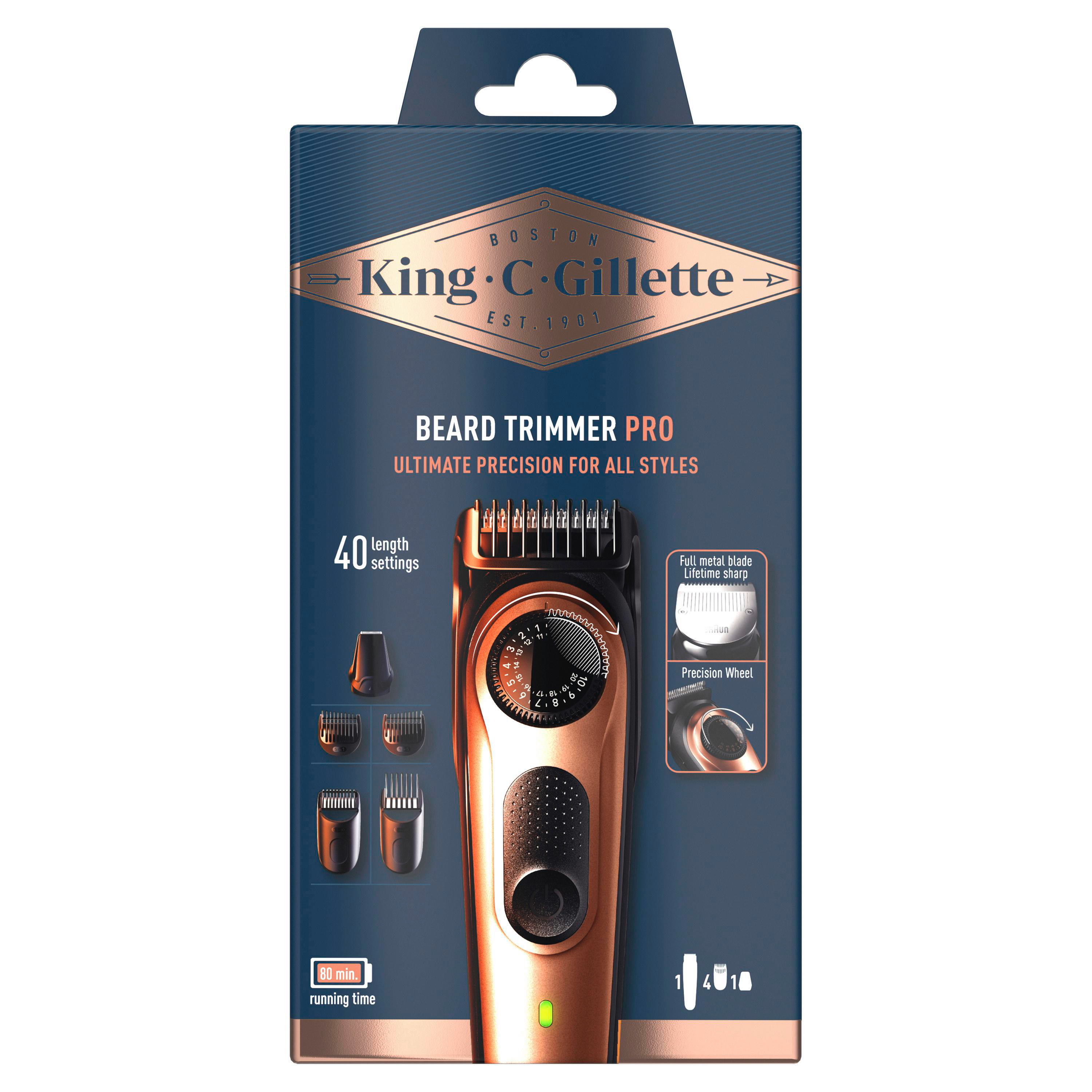 King C. Gillette Barttrimmer Pro Karton: Kupfertrimmer, 40 Längeneinstellungen, 80 Min. Laufzeit.