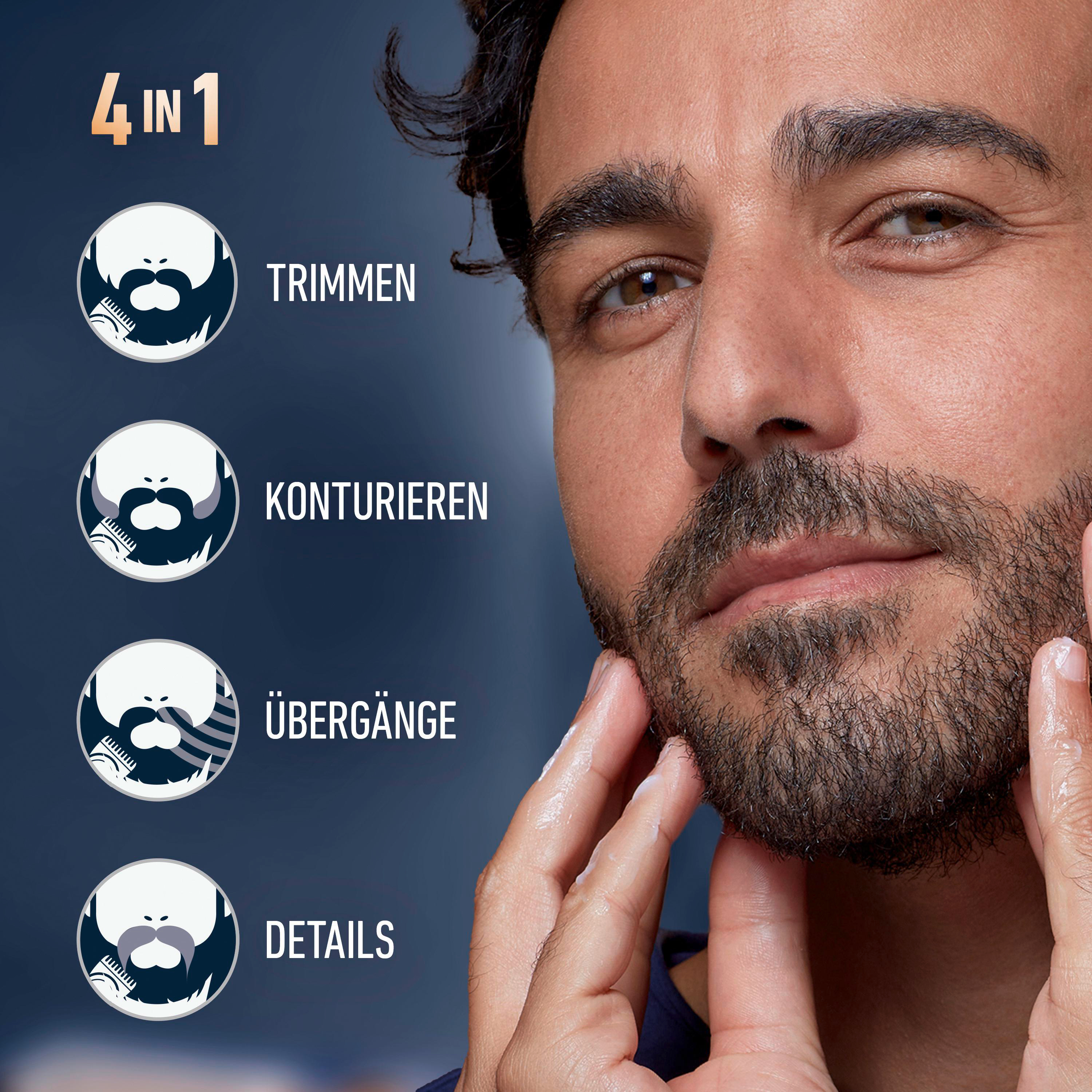 Mann mit Bartpflegeprodukten, 4-in-1-Funktion: Trimmen, Konturieren, Übergänge, Details.