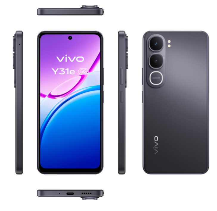 Mehrere Ansichten eines dunkelgrauen Vivo Y31e 5G Smartphones, Vorder-, Rück-, Ober-, Unter- und Seitenansicht.