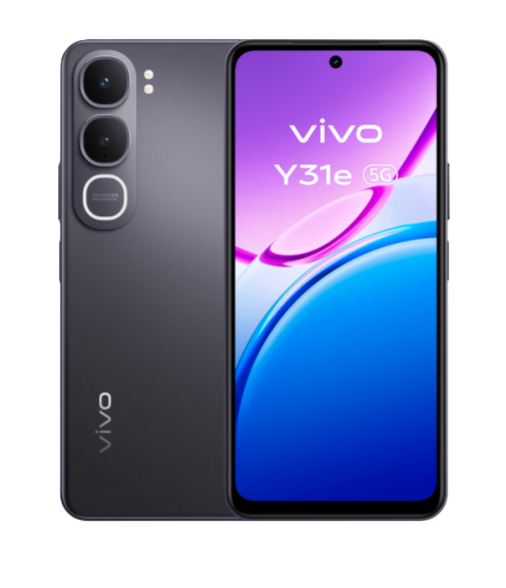 Ein graues Vivo Y31e 5G Smartphone mit drei Kameras auf der Rückseite.