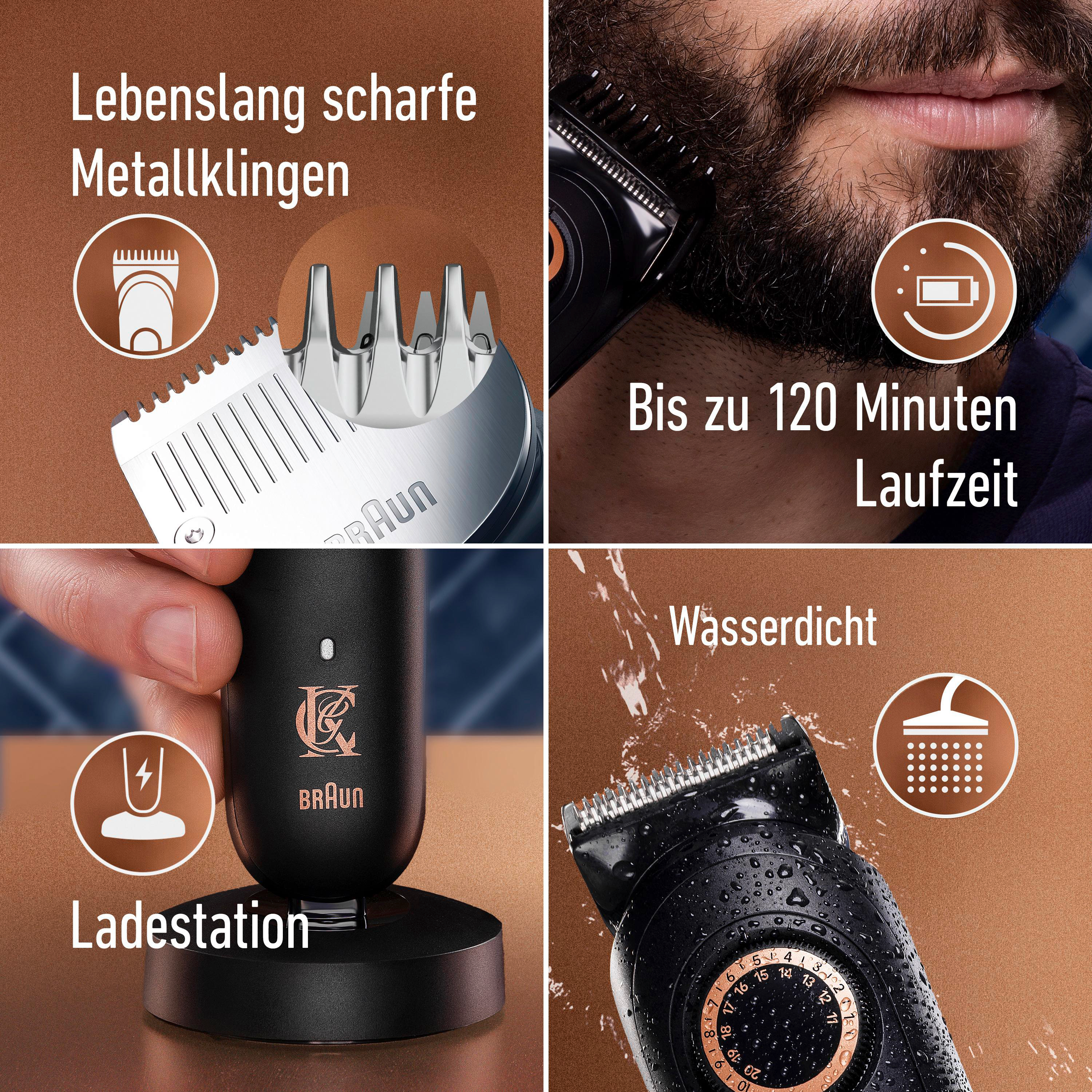 Braun Trimmer: Metallklingen, 120 Min. Laufzeit, Ladestation, wasserdicht.