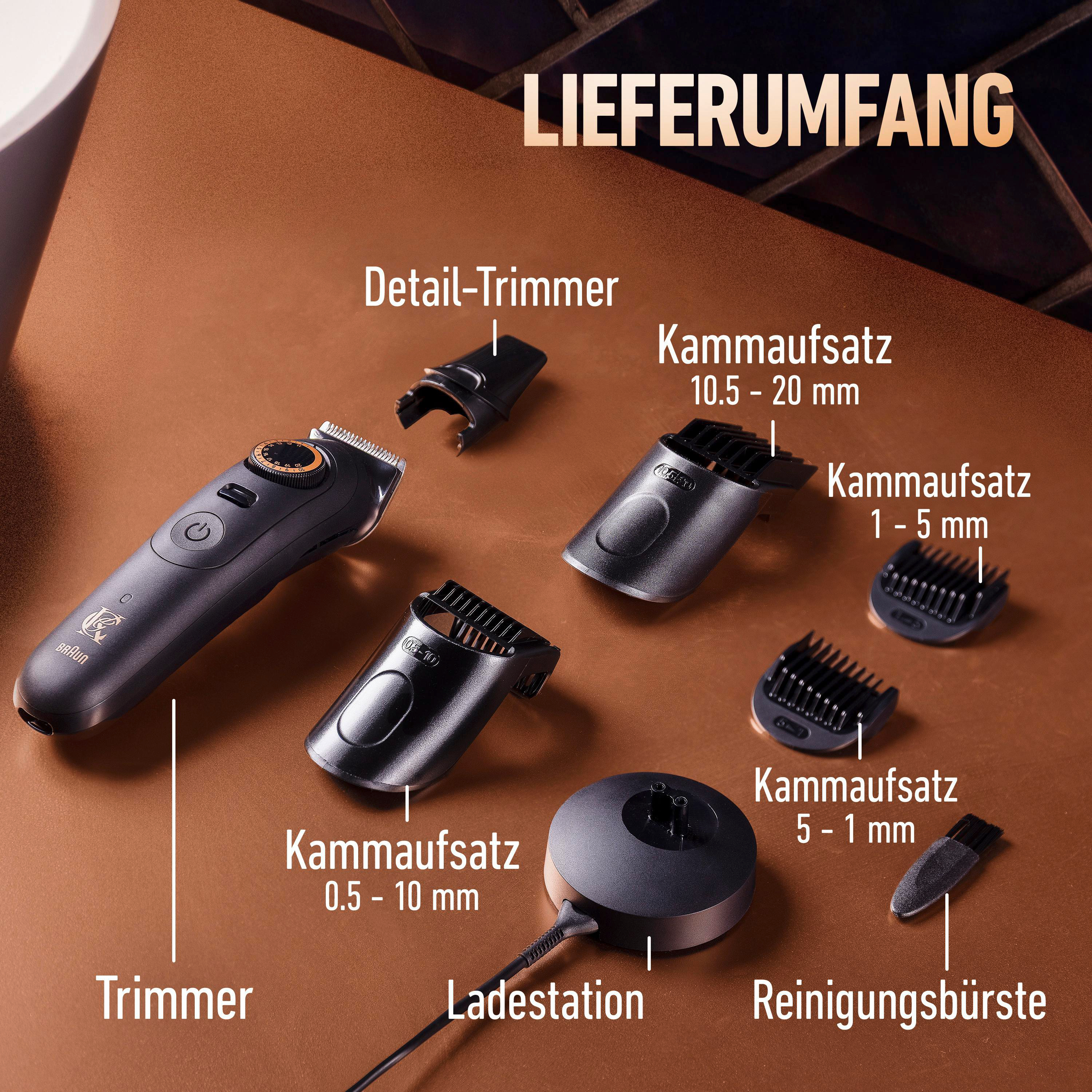 Ein Trimmer mit Ladestation, Detailaufsatz und mehreren Kammaufsätzen.