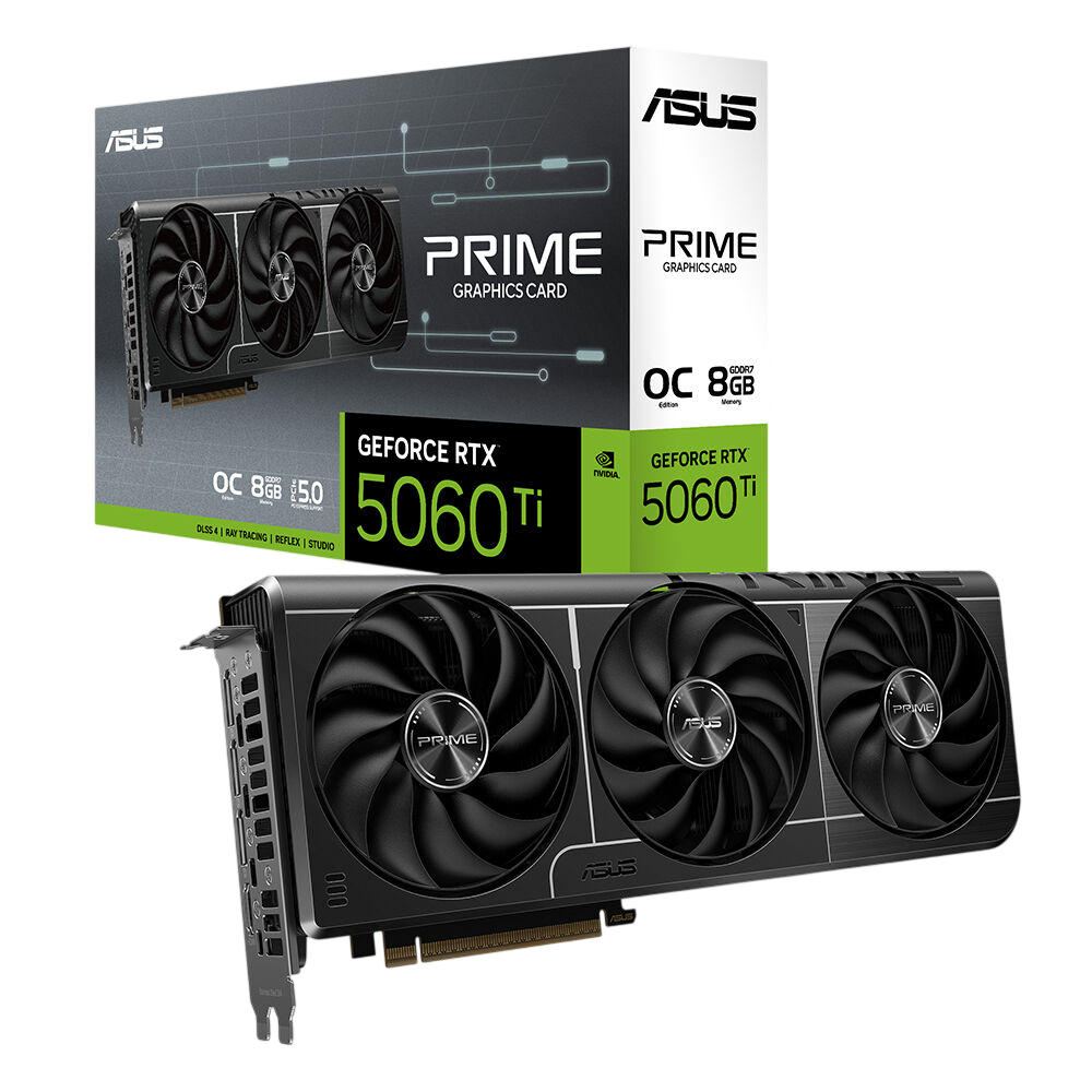 Üç fanlı ASUS GeForce RTX 5060 Ti ekran kartı ve kutusu.