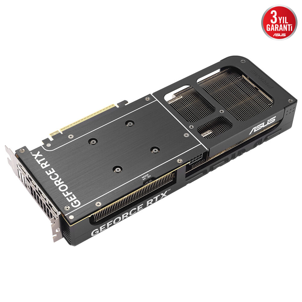 Siyah ASUS GeForce RTX ekran kartı, soğutucu kanatçıkları ve 3 yıl garanti etiketi bulunur.