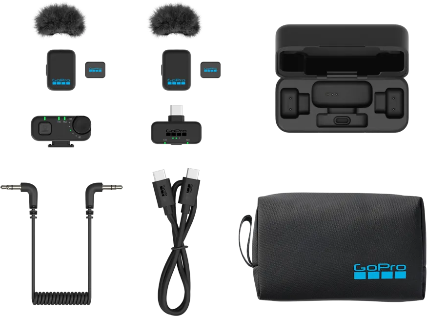 GoPro kiegészítők: adók, vevő, töltőtok, kábelek és táska.