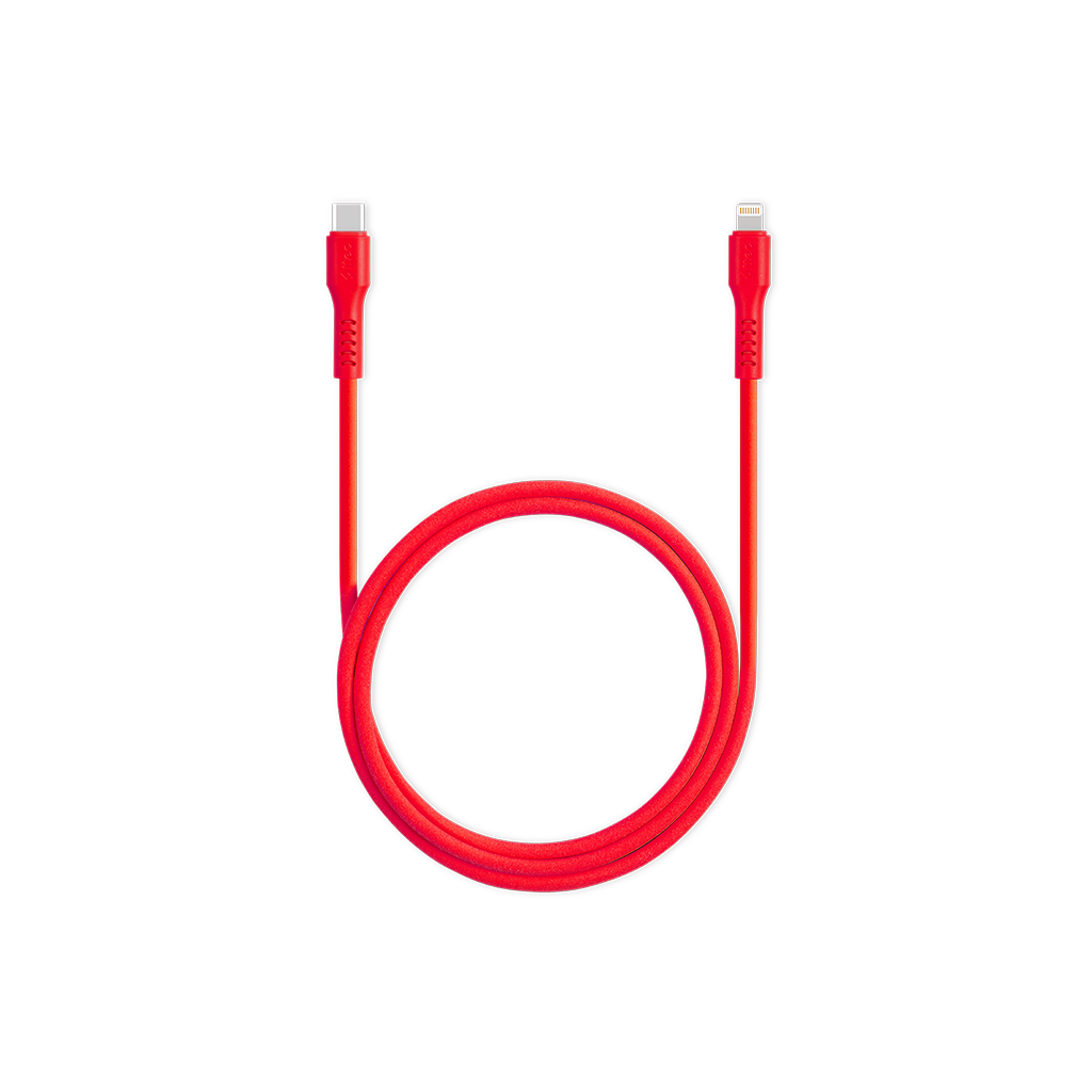 Siyah zemine serilmiş kırmızı bir USB-C - Lightning kablosu.