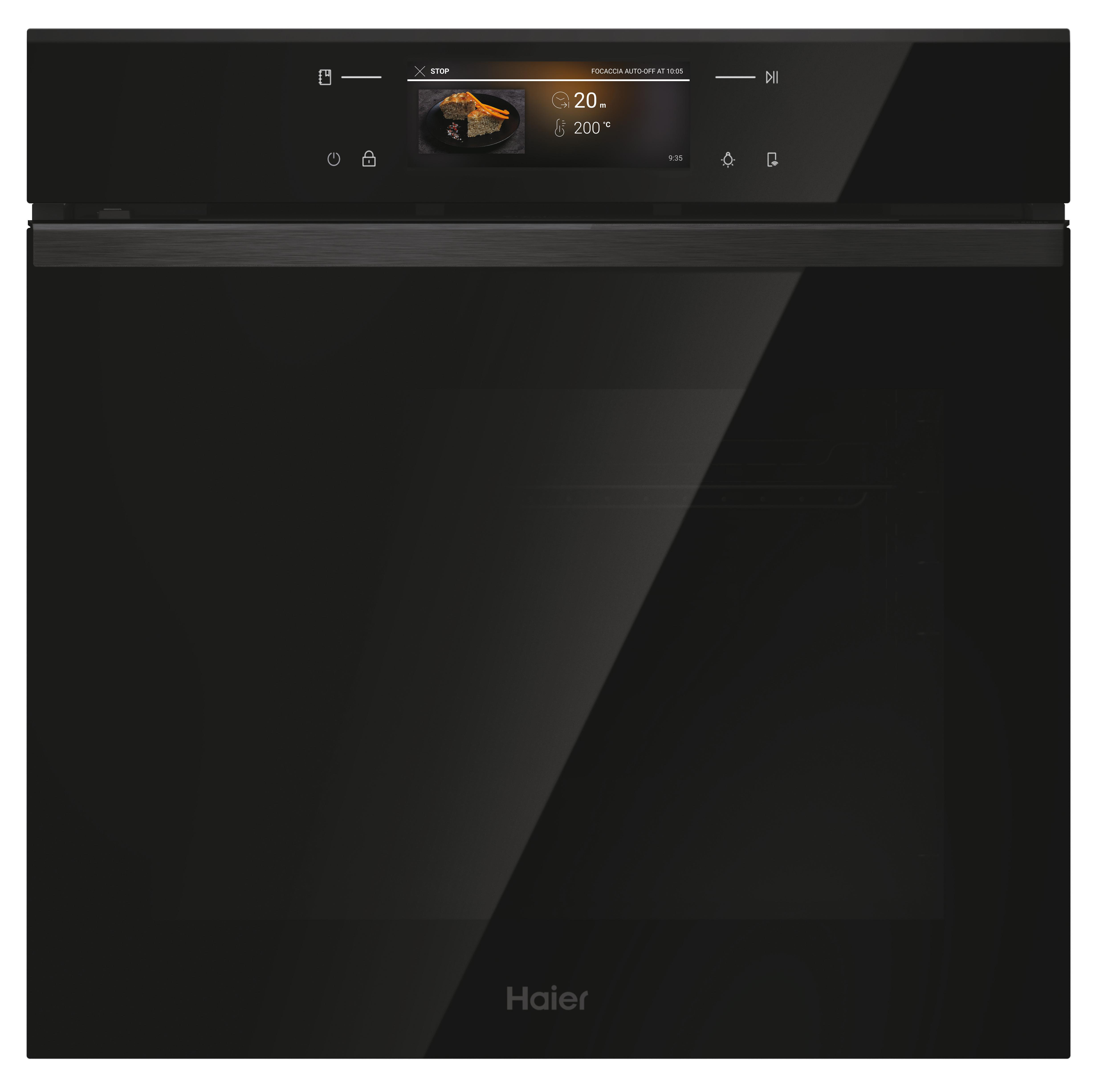 Schwarzer Ofen mit Touchscreen, der Focaccia bei 200°C für 20 Min. anzeigt.