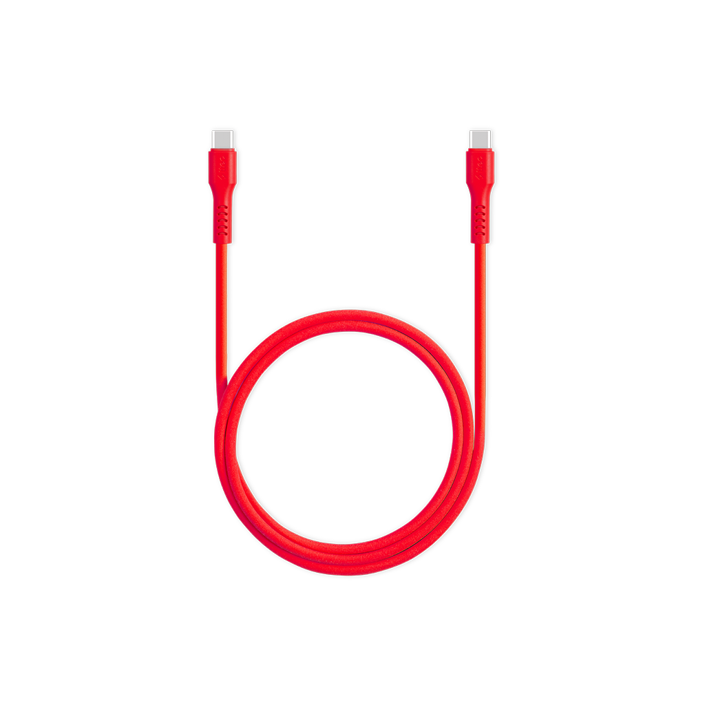 Ortada daire şeklinde sarılmış kırmızı bir USB-C kablosu.