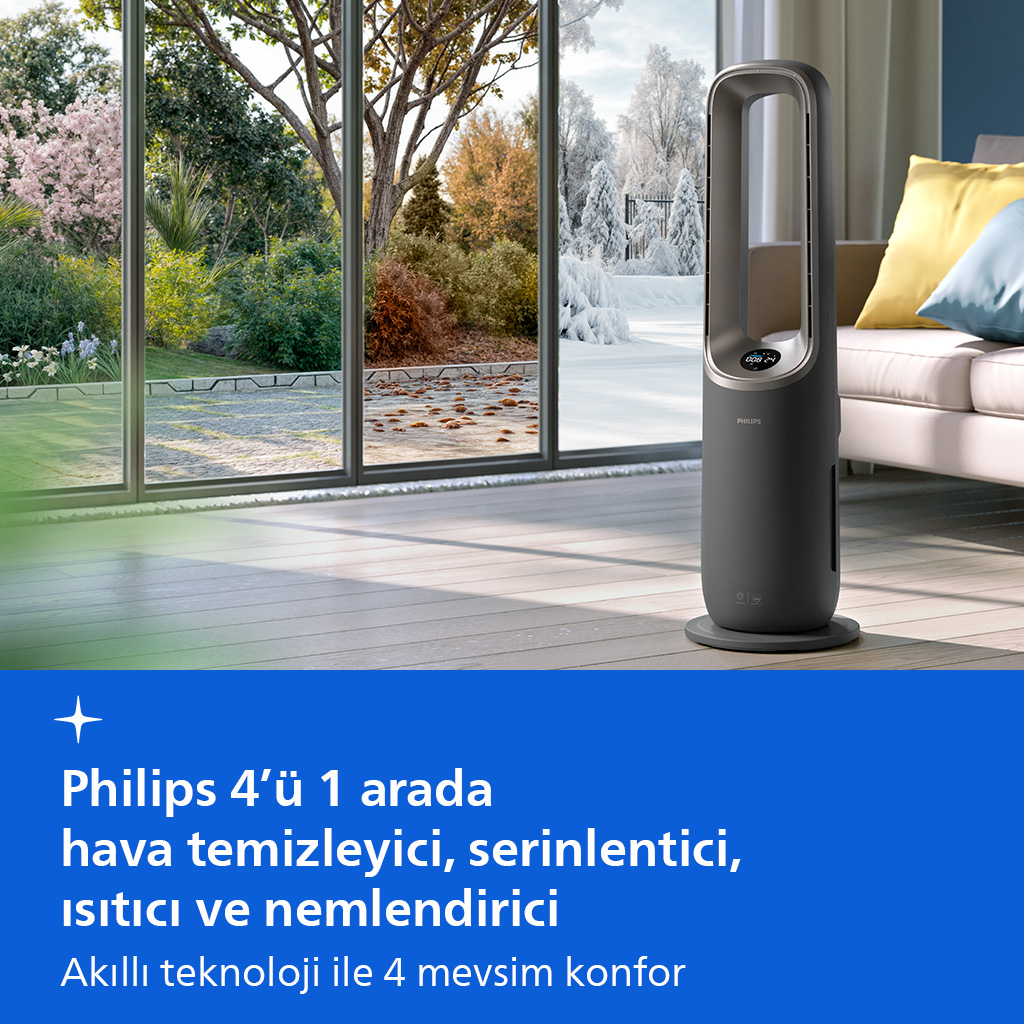 Gri Philips hava temizleyici, dört mevsim bahçesine bakan bir odada duruyor.